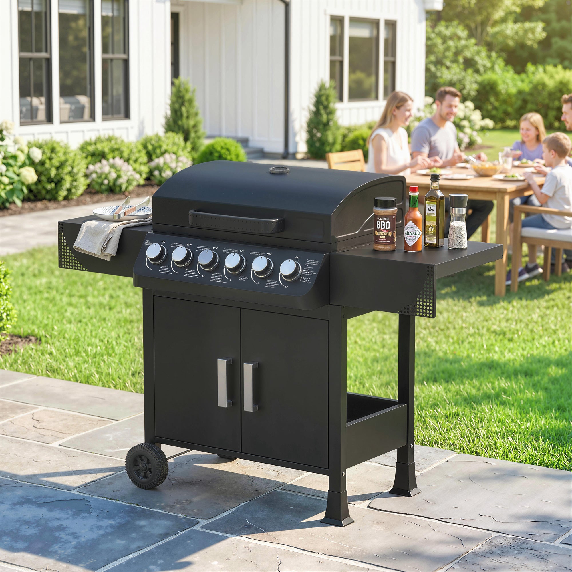 Outsunny Barbacoa de Gas BBQ Gas con 6 Quemadores 15 kW, Barbacoa Portátil con Termómetro, Mesas Laterales, Armario, Rejilla Calentadora, Parrilla, Recogedor de Grasa, 2 Ruedas y Tapa, Negro