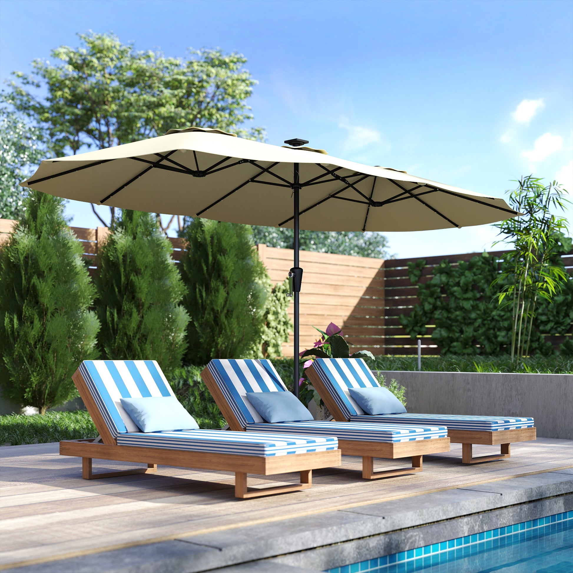 Outsunny Sombrilla Doble con 36 Luces LED Solares, 4x2 m, Sombrilla Terraza Exterior con Manivela, UPF50+, 12 Varillas, Resistente al Agua, Parasol para Jardín, Terraza, Patio, Beige