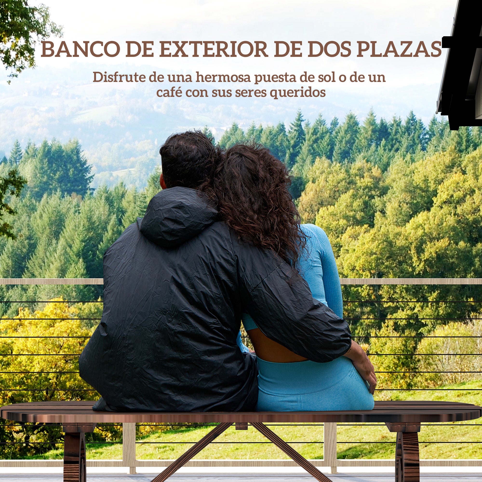 Outsunny Banco de Jardín de 2 Plazas Banco de Madera con 2 Ruedas Decorativas Estilo Rústico Carga 200 kg para Patio Terraza 120x29x39 cm Carbonizado