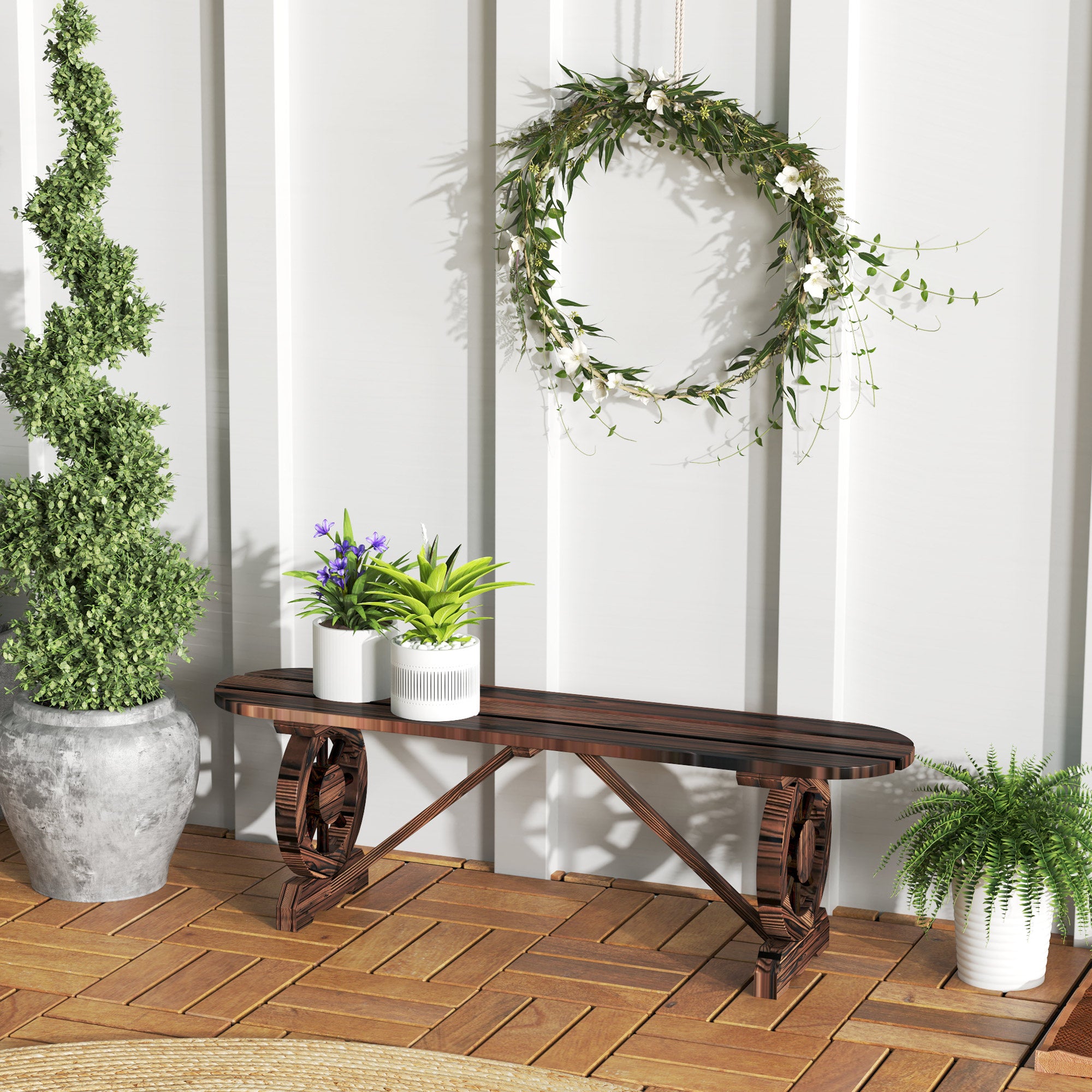 Outsunny Banco de Jardín de 2 Plazas Banco de Madera con 2 Ruedas Decorativas Estilo Rústico Carga 200 kg para Patio Terraza 120x29x39 cm Carbonizado