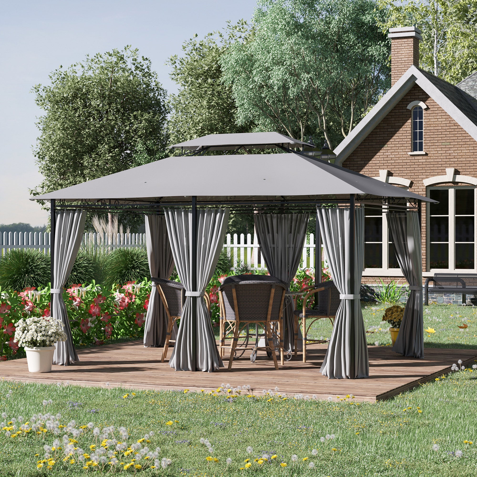 Outsunny Cenador para Jardín 3x4 m Pérgola de Jardín Gazebo con Doble Techo Paredes Laterales Resistente al Agua Carpa para Exterior Terraza Patio Gris Oscuro