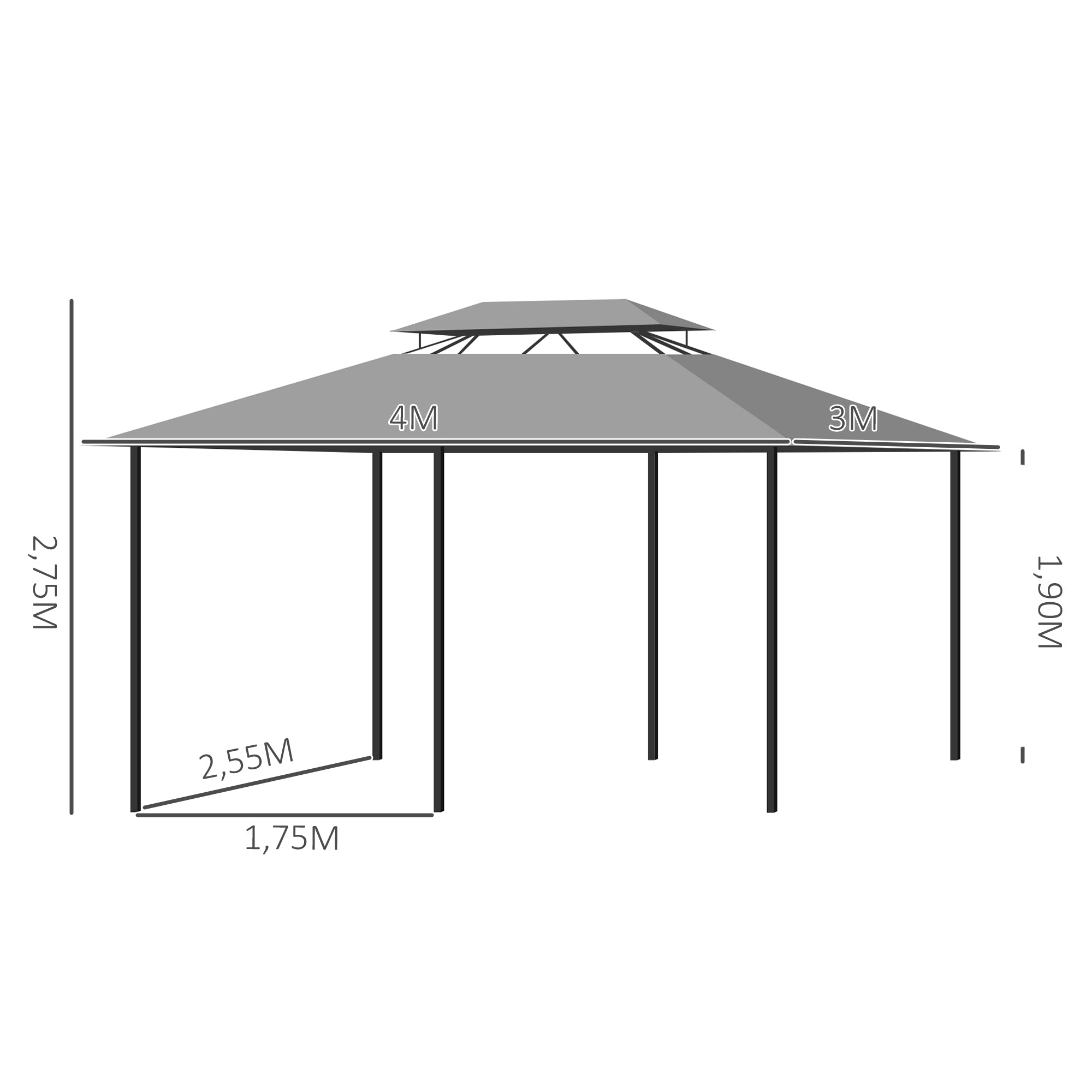 Outsunny Cenador para Jardín 3x4 m Pérgola de Jardín Gazebo con Doble Techo Paredes Laterales Resistente al Agua Carpa para Exterior Terraza Patio Gris Oscuro