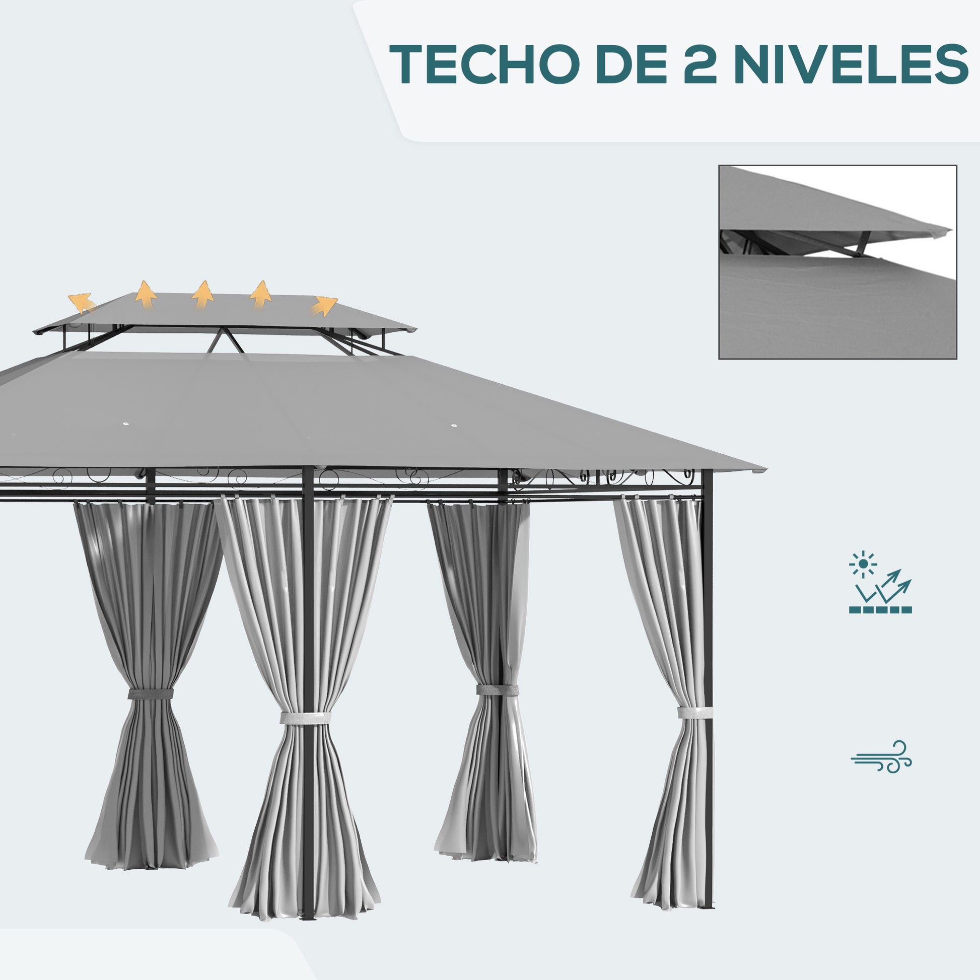 Outsunny Cenador para Jardín 3x4 m Pérgola de Jardín Gazebo con Doble Techo Paredes Laterales Resistente al Agua Carpa para Exterior Terraza Patio Gris Oscuro