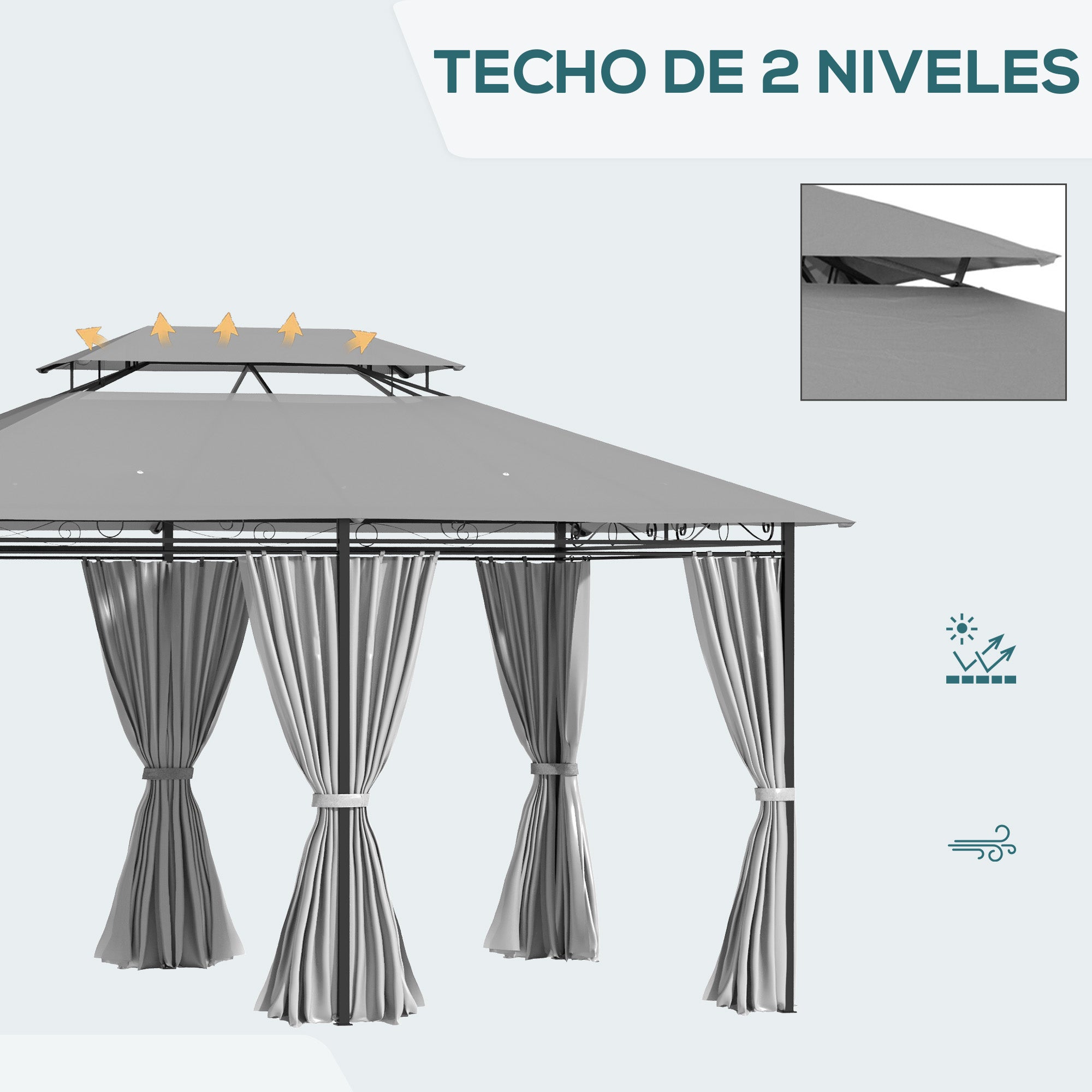 Outsunny Cenador para Jardín 3x4 m Pérgola de Jardín Gazebo con Doble Techo Paredes Laterales Resistente al Agua Carpa para Exterior Terraza Patio Gris Oscuro