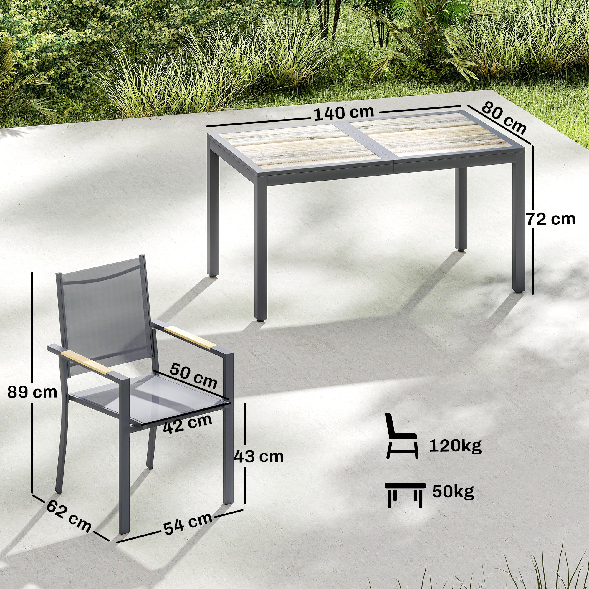 Outsunny Conjunto de Mesa y Sillas Jardín de 7 Piezas, Muebles Jardín Exterior con Mesa de Plástico PSPC, 6 Sillas Apilables Transpirables, Marco de Acero Resistente a la Intemperie, Gris Oscuro