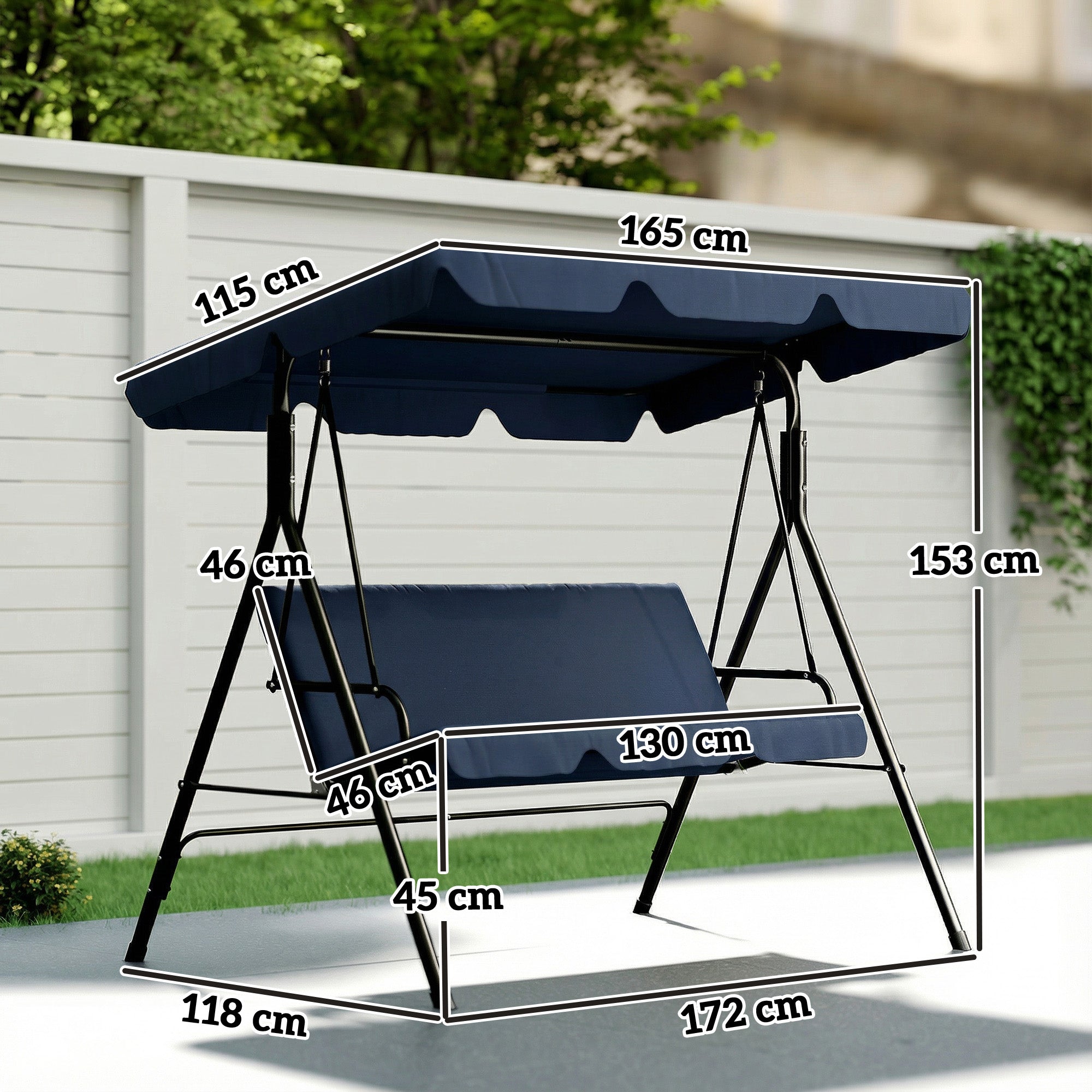 Outsunny Columpio de Jardín Exterior de 3 Plazas, Balancín de Jardín Exterior con Techo Ajustable, Cojín y Marco de Acero, para Balcón, Terraza, Patio, Carga 240 kg, 172x118x153 cm, Azul Marino
