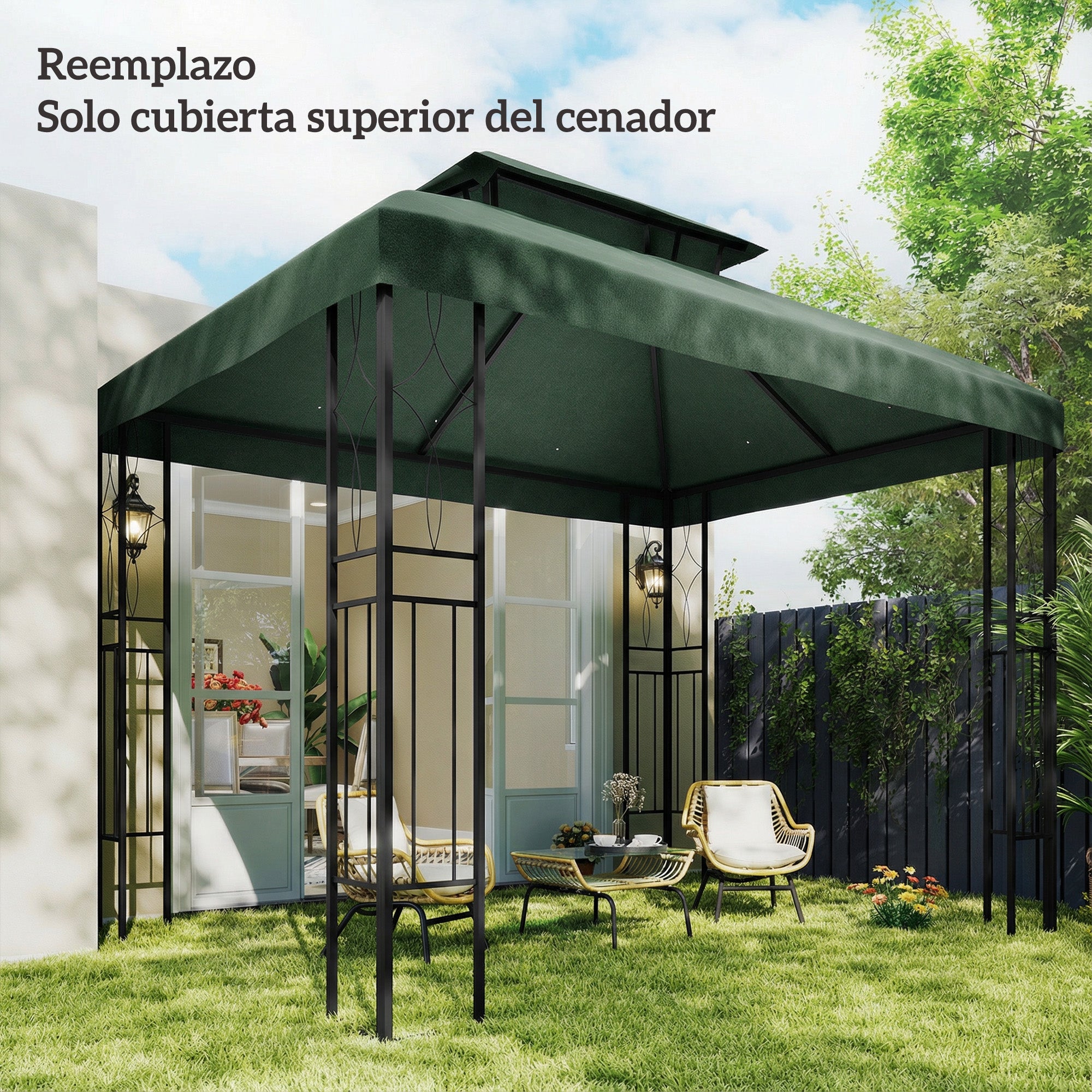 Outsunny Techo de Repuesto para Cenador, 4x3 m, Cubierta de Repuesto con Techo Doble, 10 Orificios de Drenaje y Protección UV, SOLO Toldo de Recambio para Pabellón Gazebo, Verde