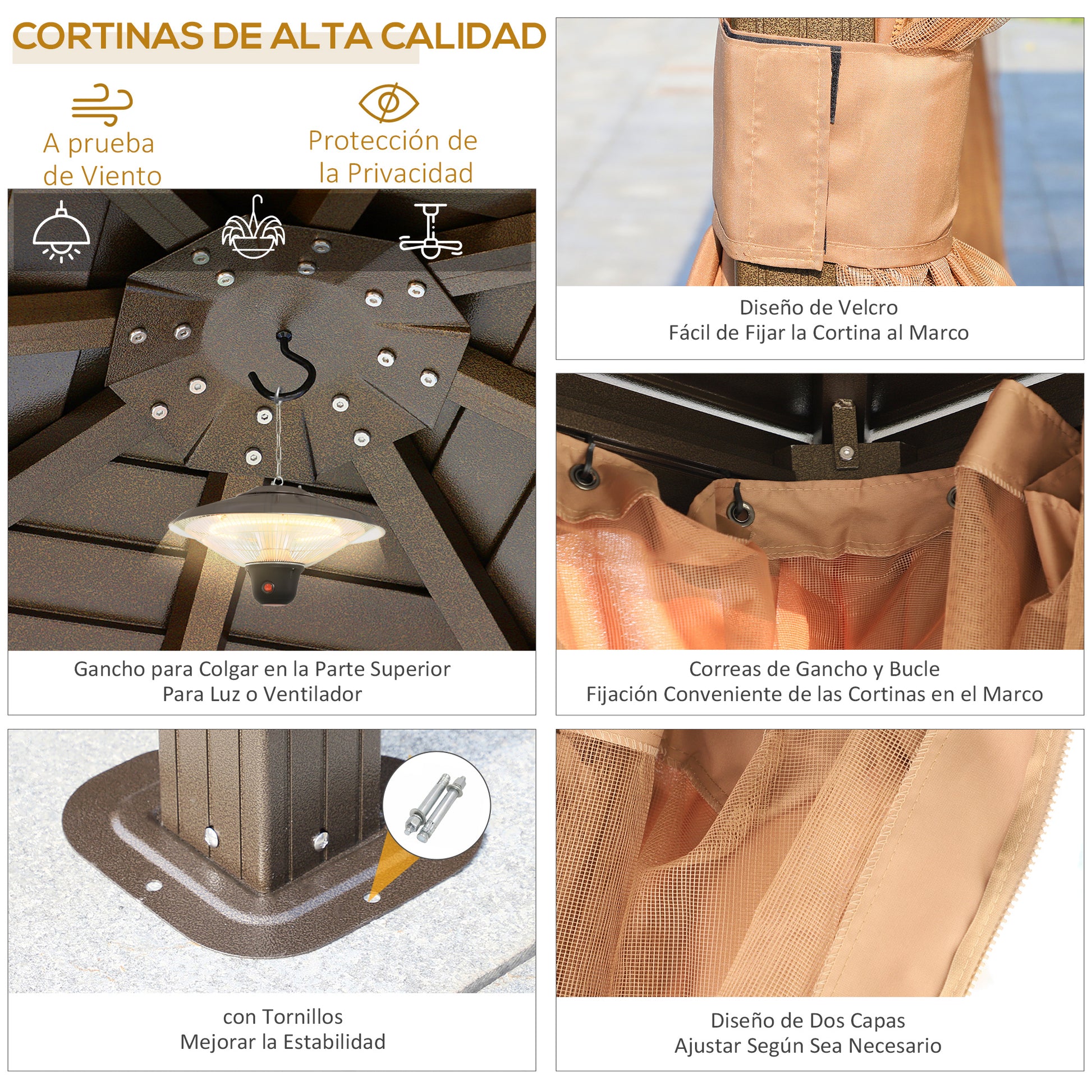 Outsunny Cenador de Jardín 3x3 m Marco de Aluminio con 4 Cortinas Laterales 4 Mosquiteras y Gancho para Lámpara Gazebo Pabellón para Exterior Patio Fiestas Marrón