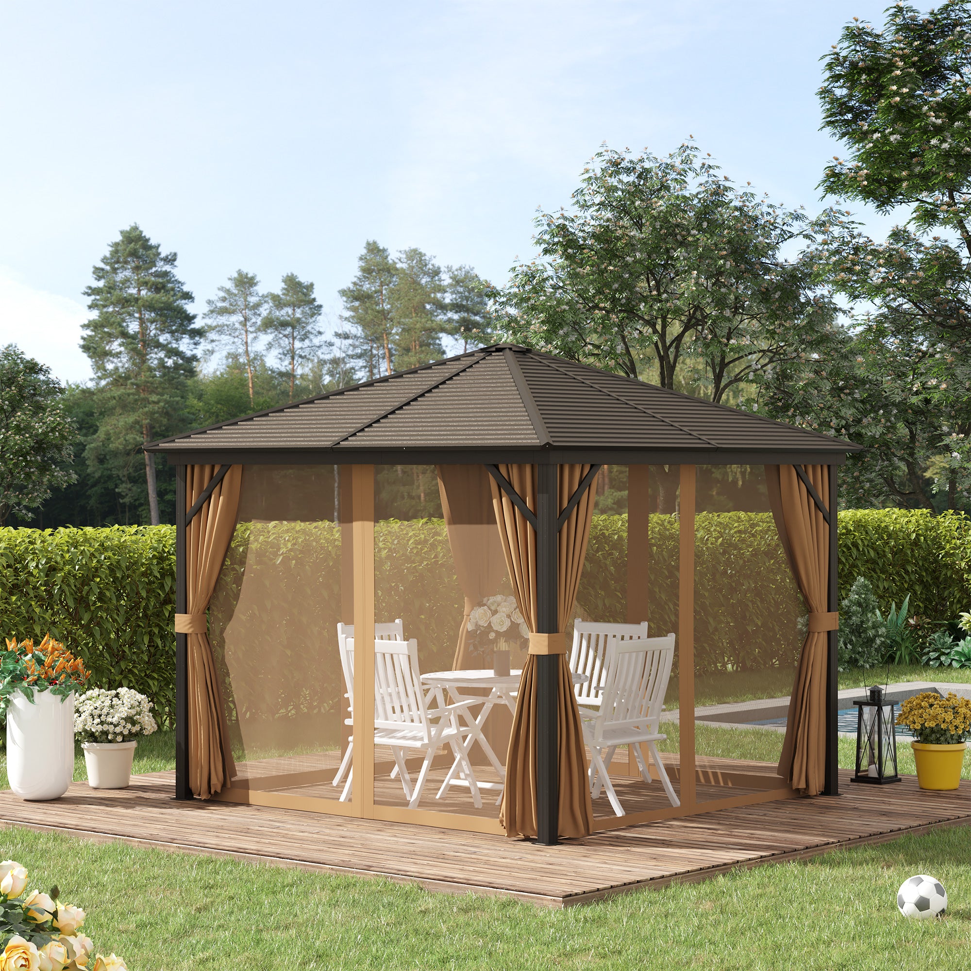 Outsunny Cenador de Jardín 3x3 m Marco de Aluminio con 4 Cortinas Laterales 4 Mosquiteras y Gancho para Lámpara Gazebo Pabellón para Exterior Patio Fiestas Marrón