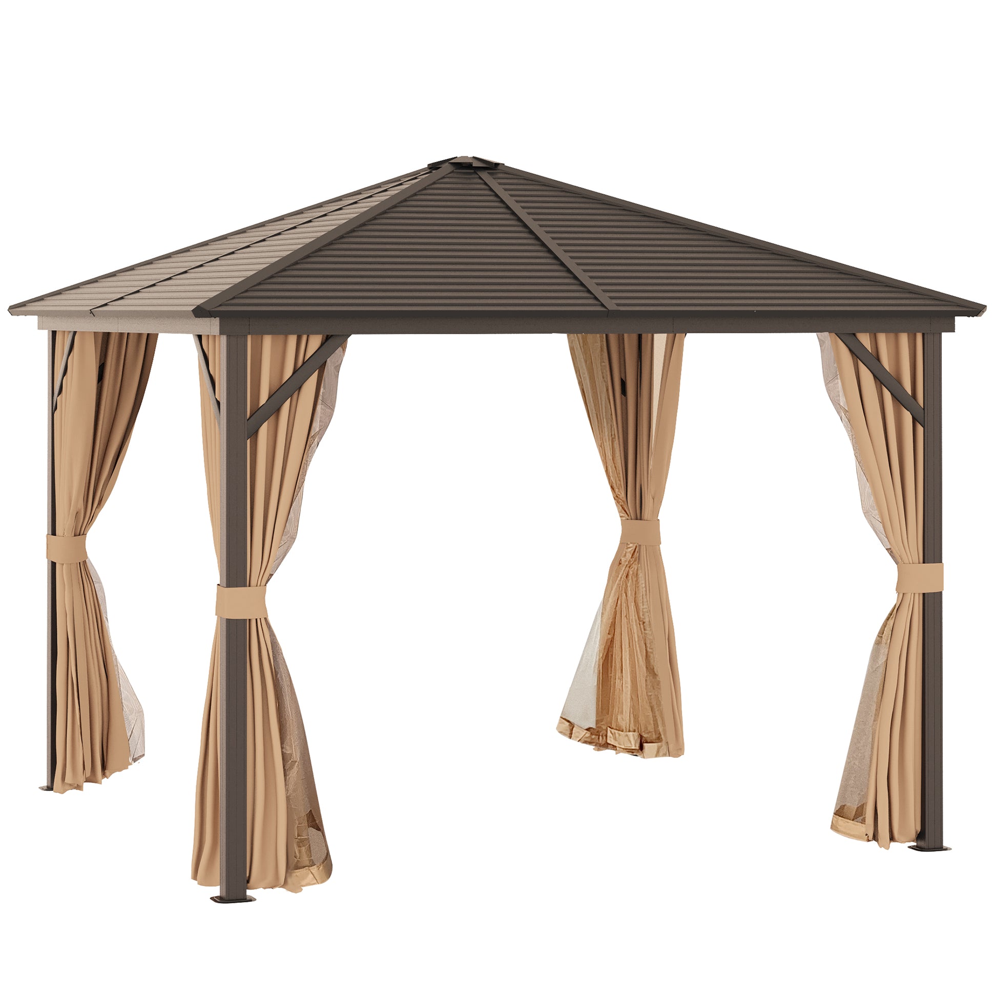 Outsunny Cenador de Jardín 3x3 m Marco de Aluminio con 4 Cortinas Laterales 4 Mosquiteras y Gancho para Lámpara Gazebo Pabellón para Exterior Patio Fiestas Marrón