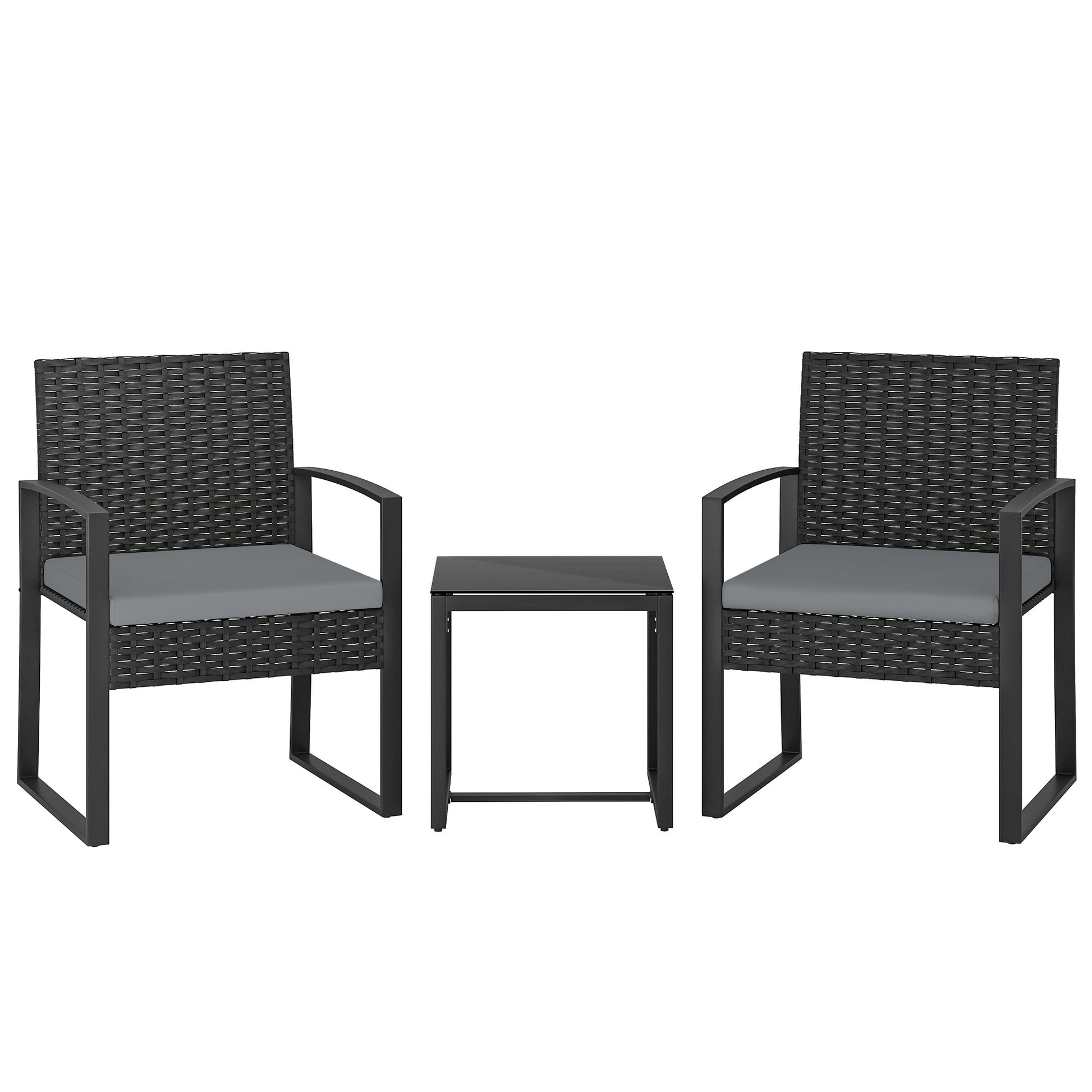 Outsunny Conjunto de Jardín Exterior de 3 Piezas, Muebles Jardín Exterior de Ratán con 2 Sillas con Cojines Lavables y Mesa de Vidrio Templado, Resistente a Intemperie, para Balcón, Patio, Gris Claro
