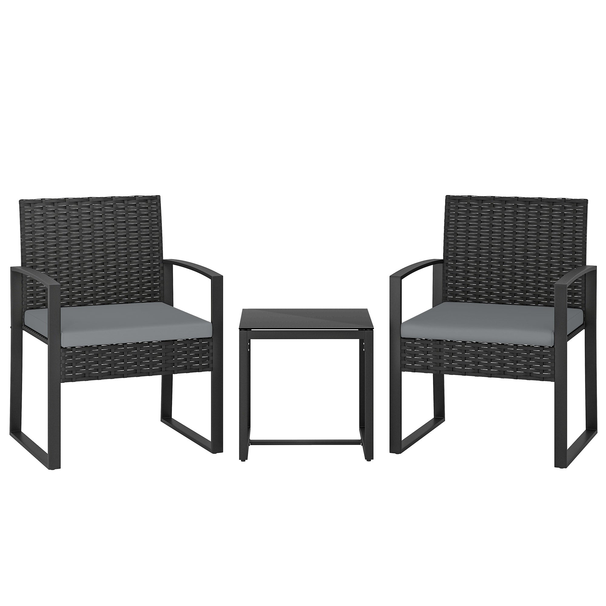 Outsunny Conjunto de Jardín Exterior de 3 Piezas, Muebles Jardín Exterior de Ratán con 2 Sillas con Cojines Lavables y Mesa de Vidrio Templado, Resistente a Intemperie, para Balcón, Patio, Gris Claro