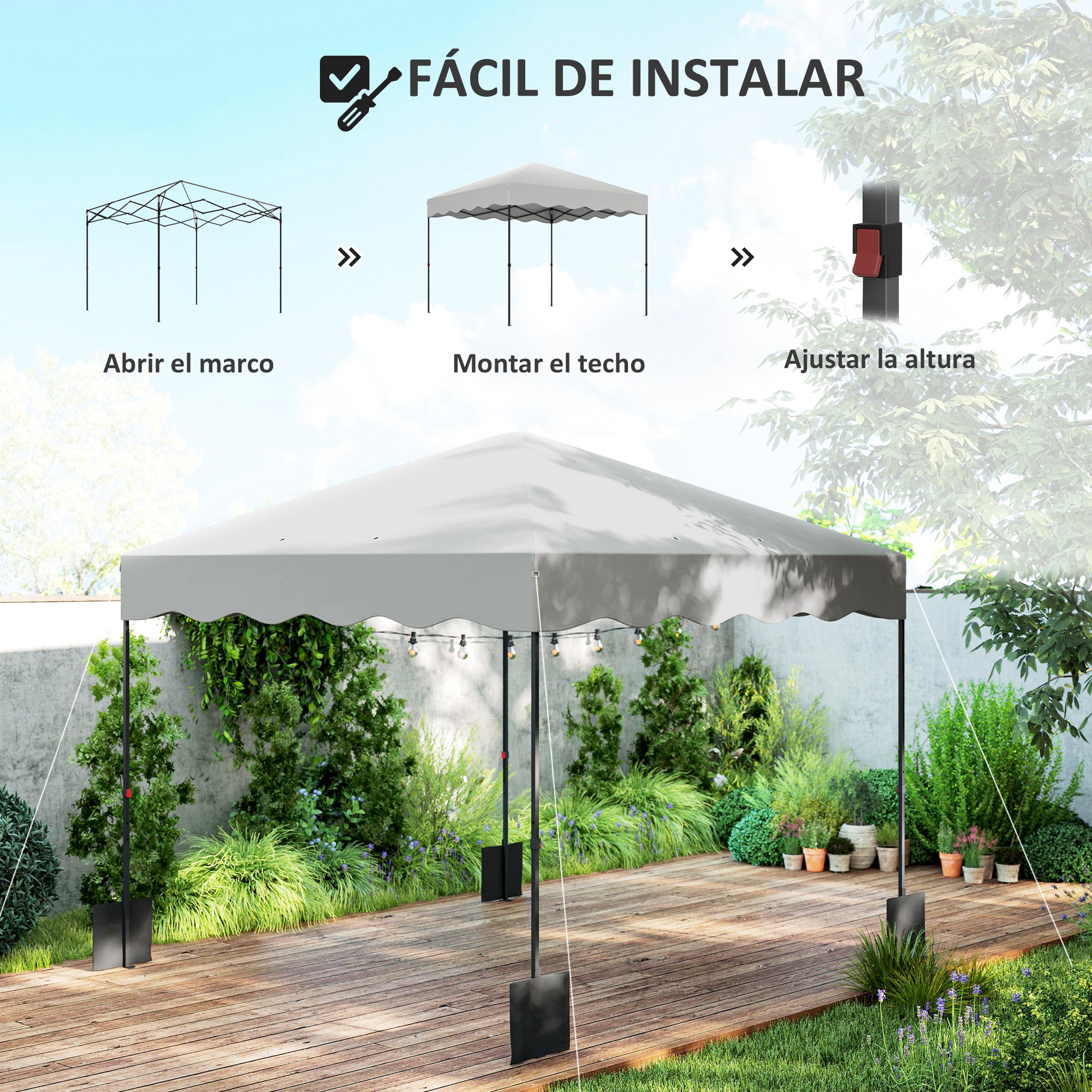 Outsunny Carpa Plegable Pop-up Gazebo 3x3 m Cenador Plegable con Protección UV 50+ Altura Ajustable Bolsa de Arena y Bolsa con Ruedas para Camping Fiestas Blanco