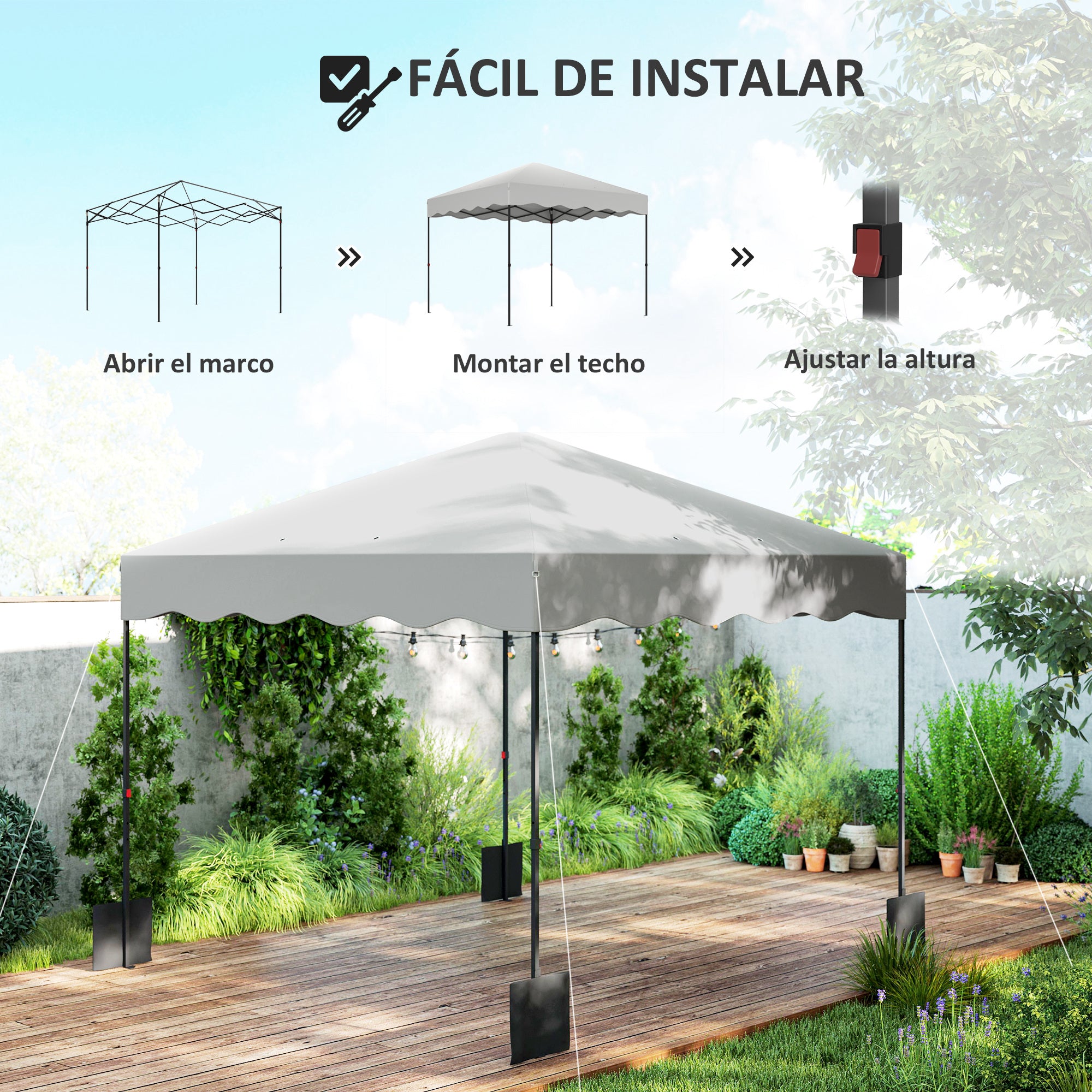 Outsunny Carpa Plegable Pop-up Gazebo 3x3 m Cenador Plegable con Protección UV 50+ Altura Ajustable Bolsa de Arena y Bolsa con Ruedas para Camping Fiestas Blanco