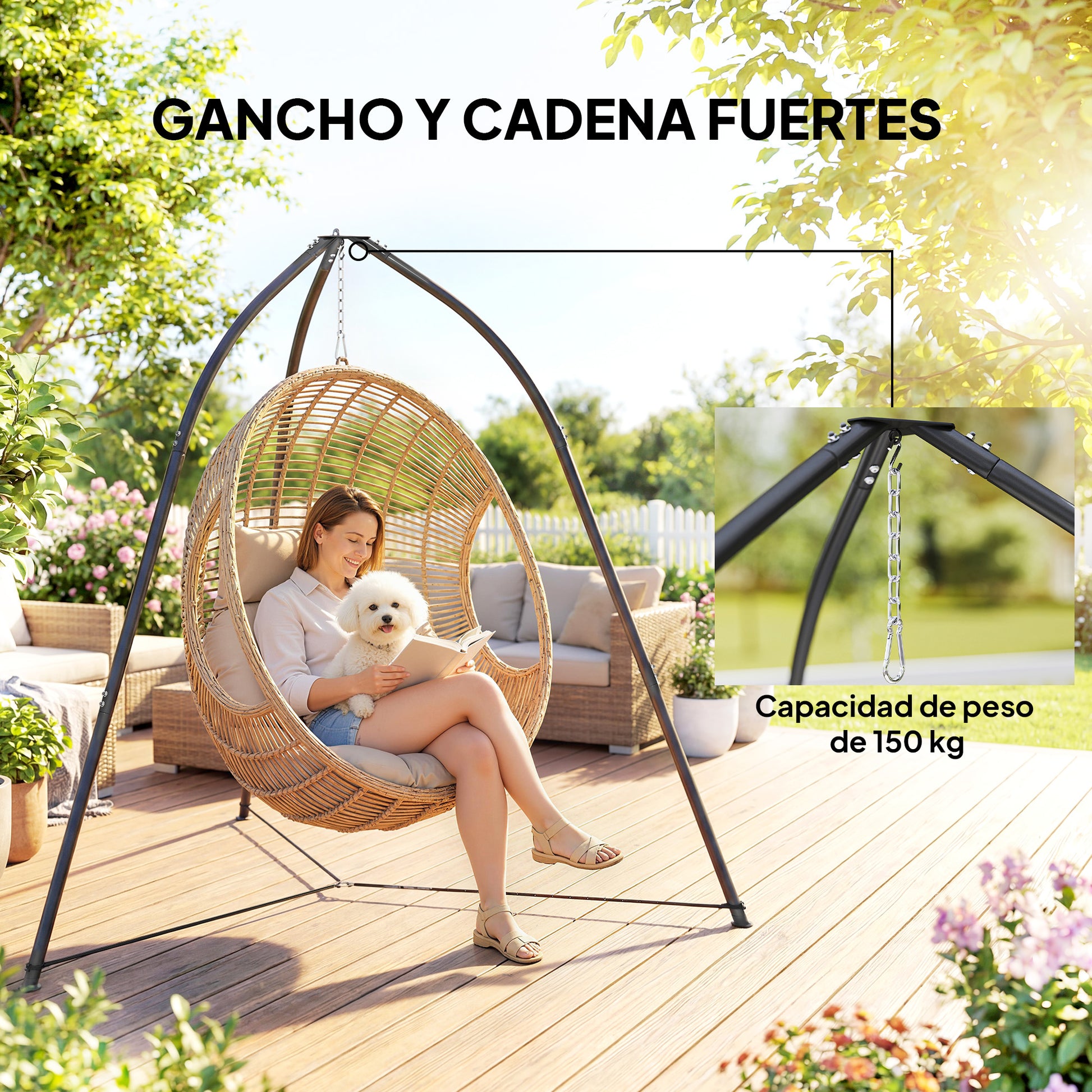 Outsunny Soporte para Silla Colgante Triangular Altura 210 cm, con Cadena Ajustable, Base Estable, Resistente a la Intemperie, Estructura de Silla Colgante para Patio, Jardín, Carga 150 kg, Negro