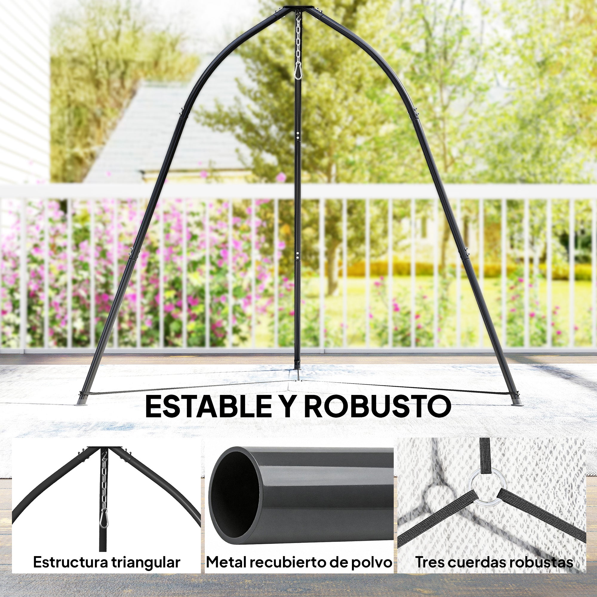 Outsunny Soporte para Silla Colgante Triangular Altura 210 cm, con Cadena Ajustable, Base Estable, Resistente a la Intemperie, Estructura de Silla Colgante para Patio, Jardín, Carga 150 kg, Negro