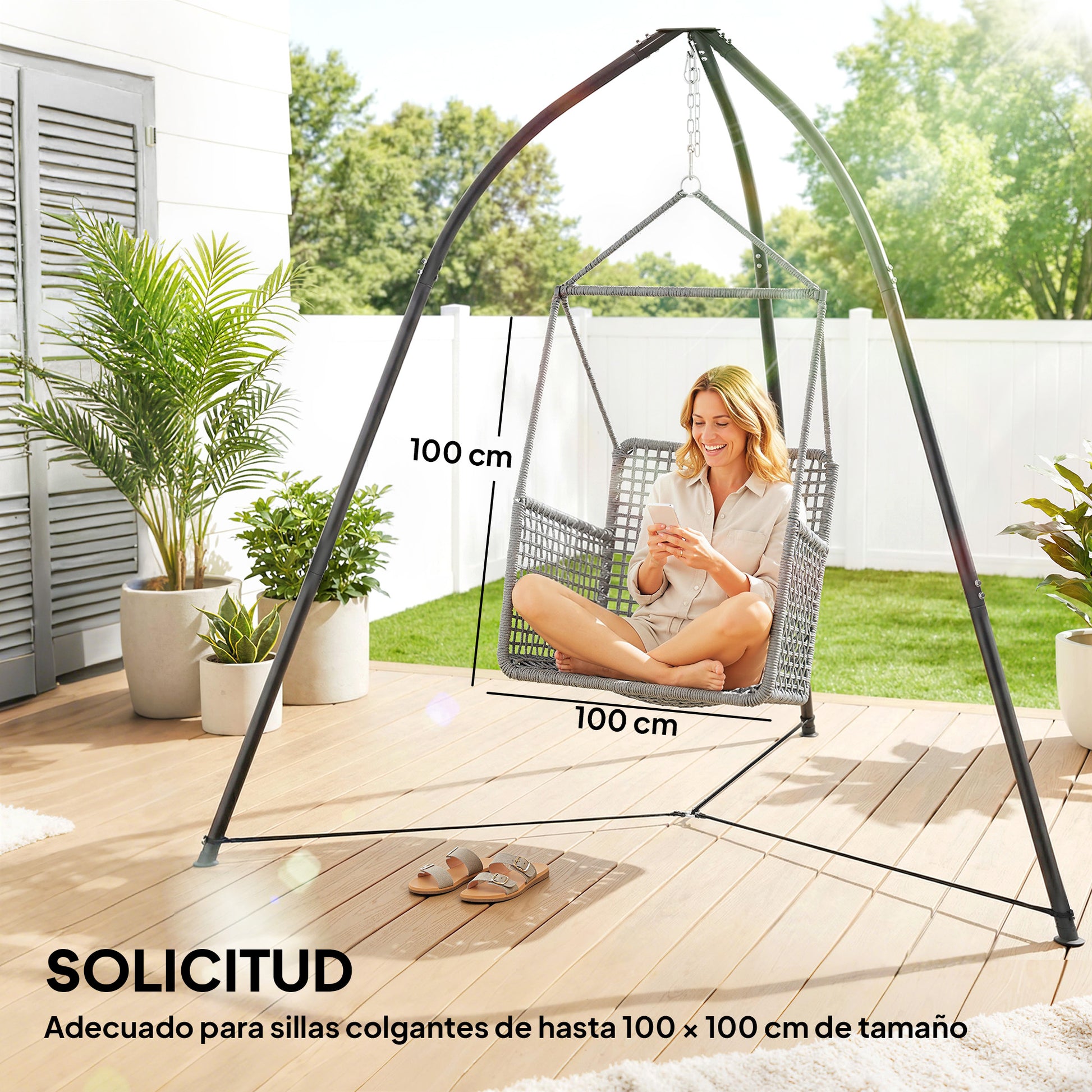 Outsunny Soporte para Silla Colgante Triangular Altura 210 cm, con Cadena Ajustable, Base Estable, Resistente a la Intemperie, Estructura de Silla Colgante para Patio, Jardín, Carga 150 kg, Negro