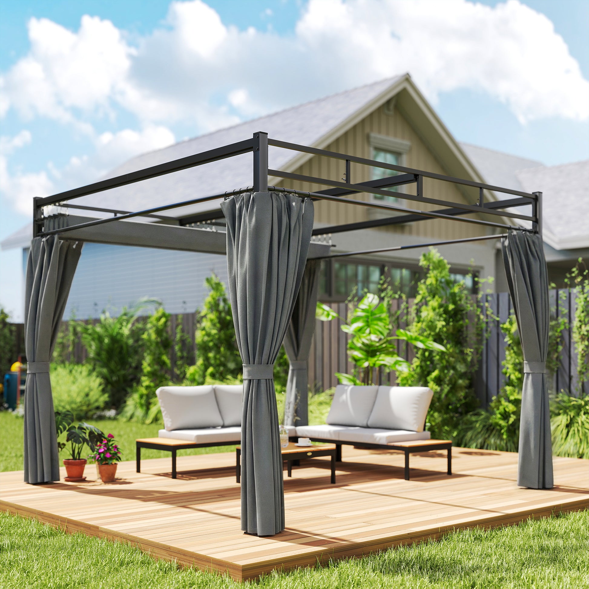 Outsunny Pérgola de Jardín 3x3 m con Techo Retráctil y 4 Cortinas, Cenador de Jardín con Protección UV30+, Impermeable, Estructura Metálica, Pabellón para Patio, Terraza, Exterior, Gris Oscuro