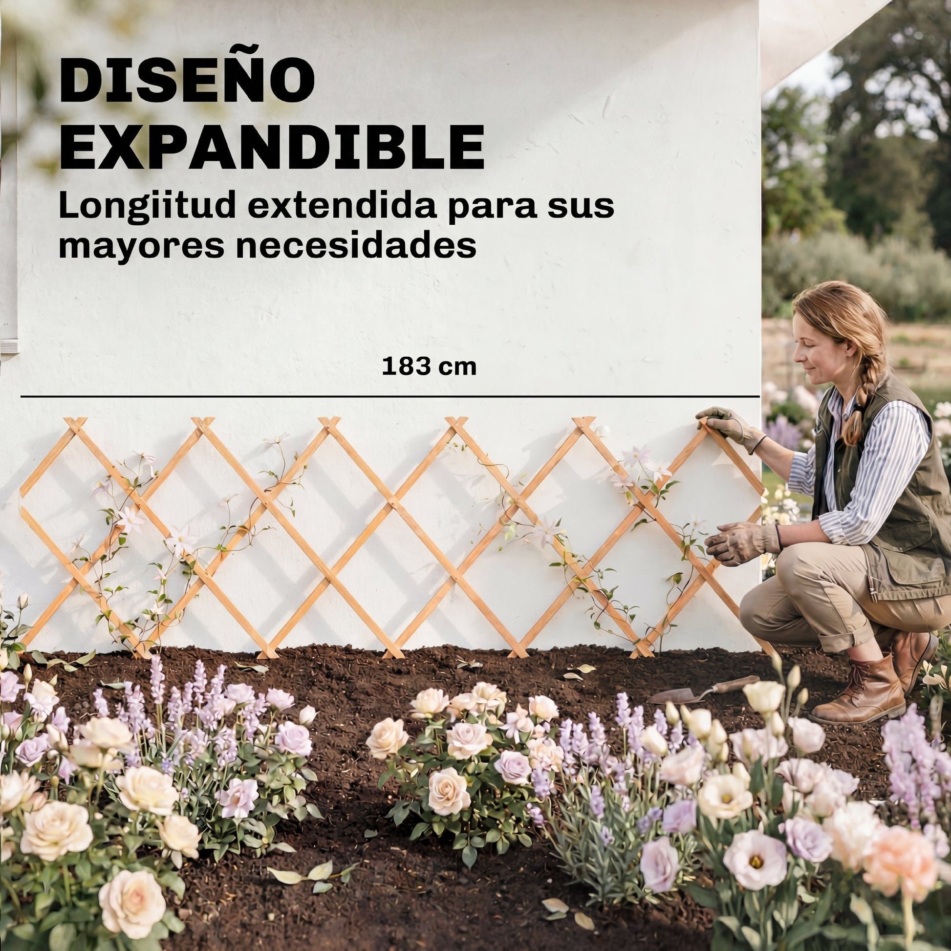 Outsunny Enrejado de Jardín de Madera Extensible, Soporte para Plantas Trepadoras, Rosas, Parra, Decoración Exterior para Patio, Balcón, 180x60 cm, Marrón Claro