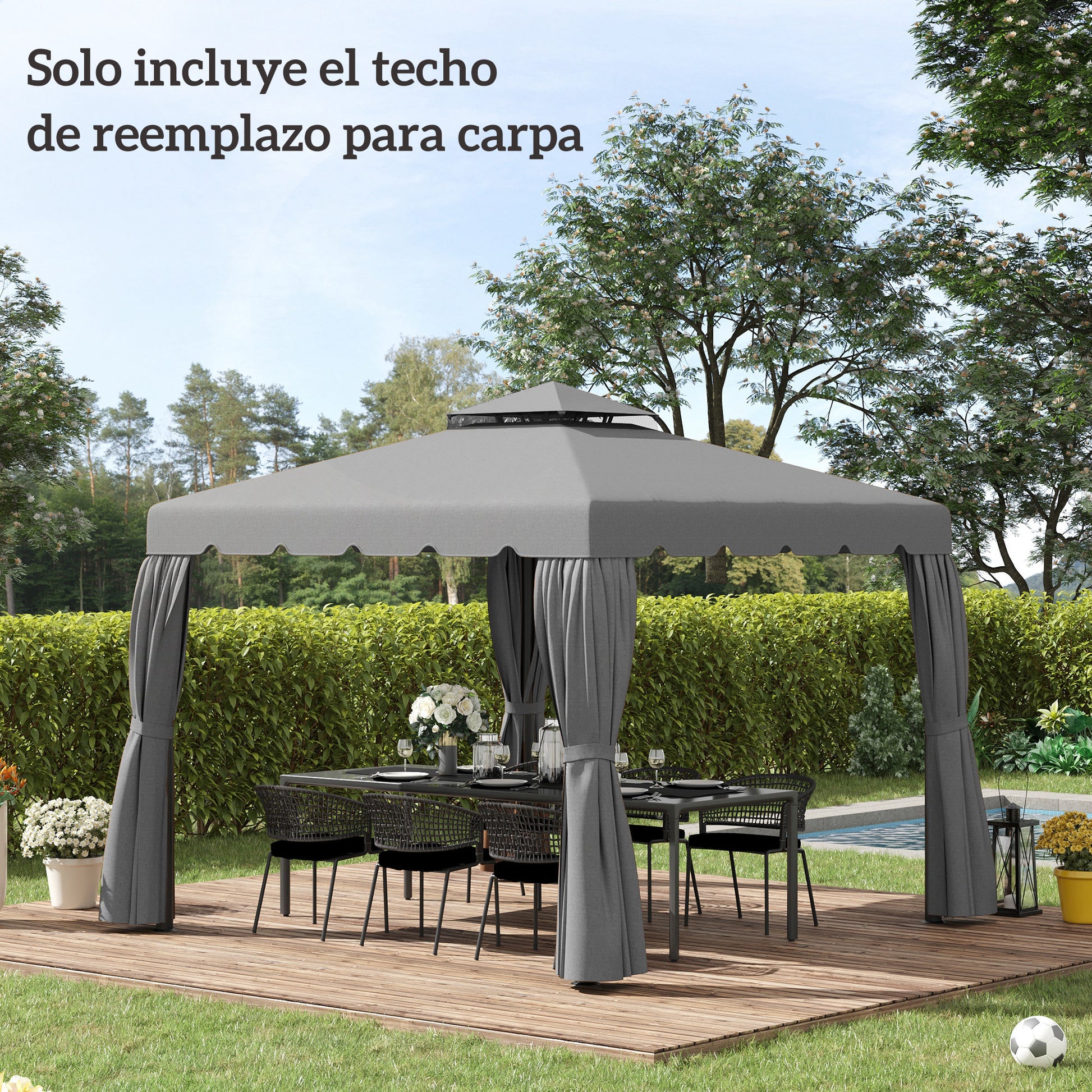 Outsunny Techo de Repuesto para Cenador 3x3 m Cubierta de Repuesto con Techo Doble con 8 Orificios de Drenaje Toldo de Recambio para Pabellón Gazebo Gris Claro