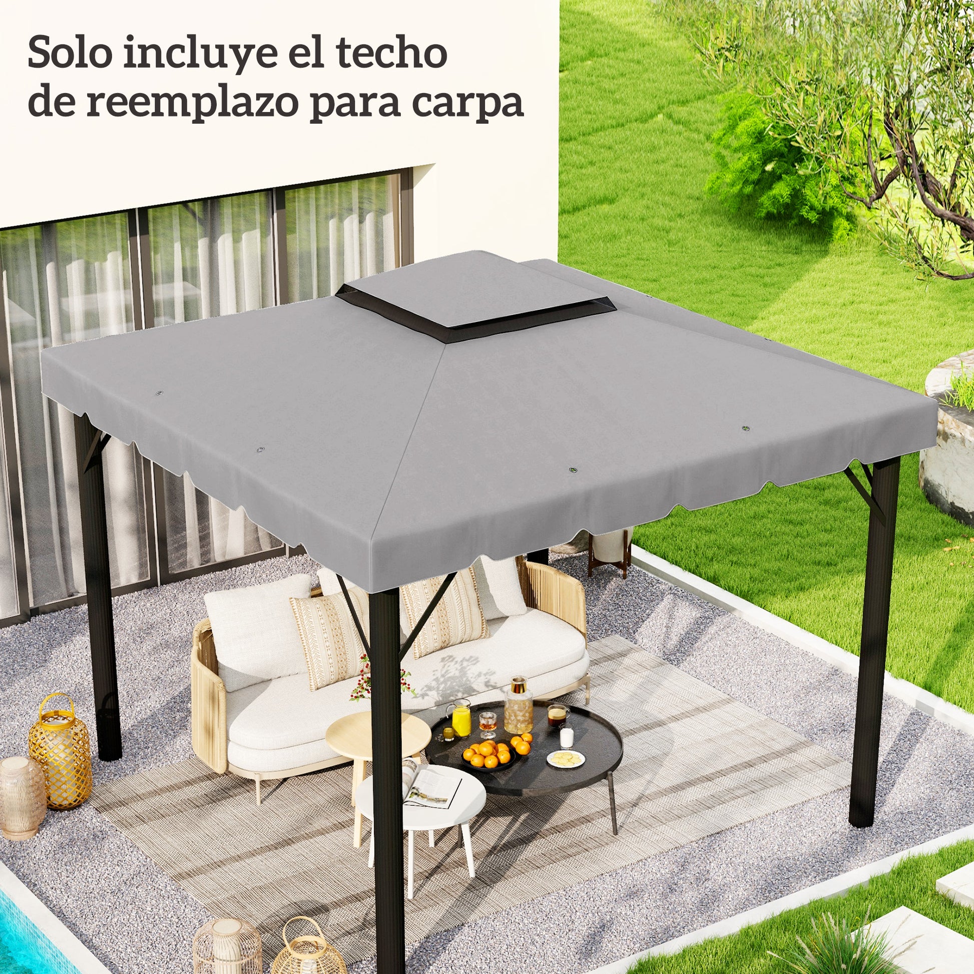 Outsunny Techo de Repuesto para Cenador 3x3 m Cubierta de Repuesto con Techo Doble con 8 Orificios de Drenaje Toldo de Recambio para Pabellón Gazebo Gris Claro