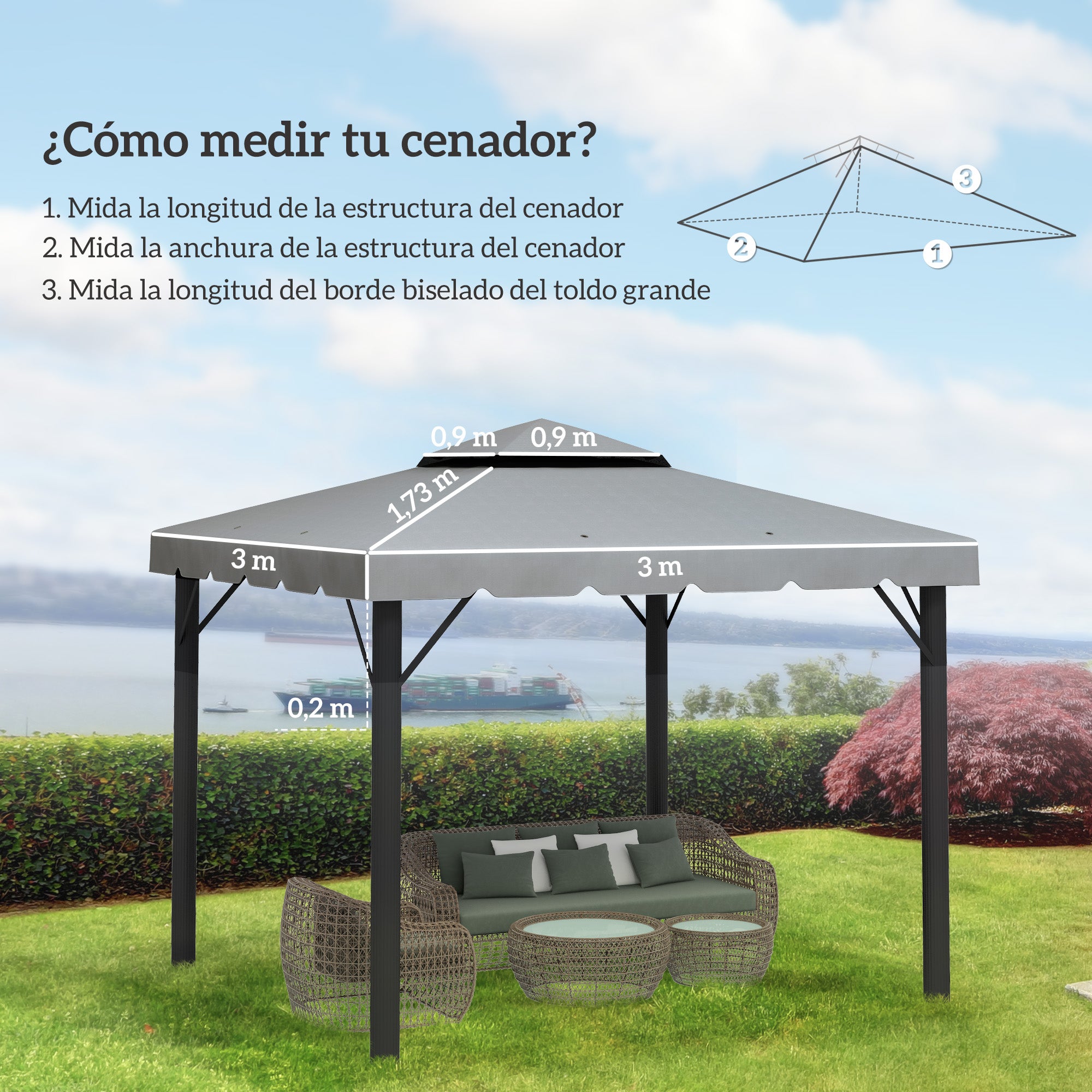 Outsunny Techo de Repuesto para Cenador 3x3 m Cubierta de Repuesto con Techo Doble con 8 Orificios de Drenaje Toldo de Recambio para Pabellón Gazebo Gris Claro