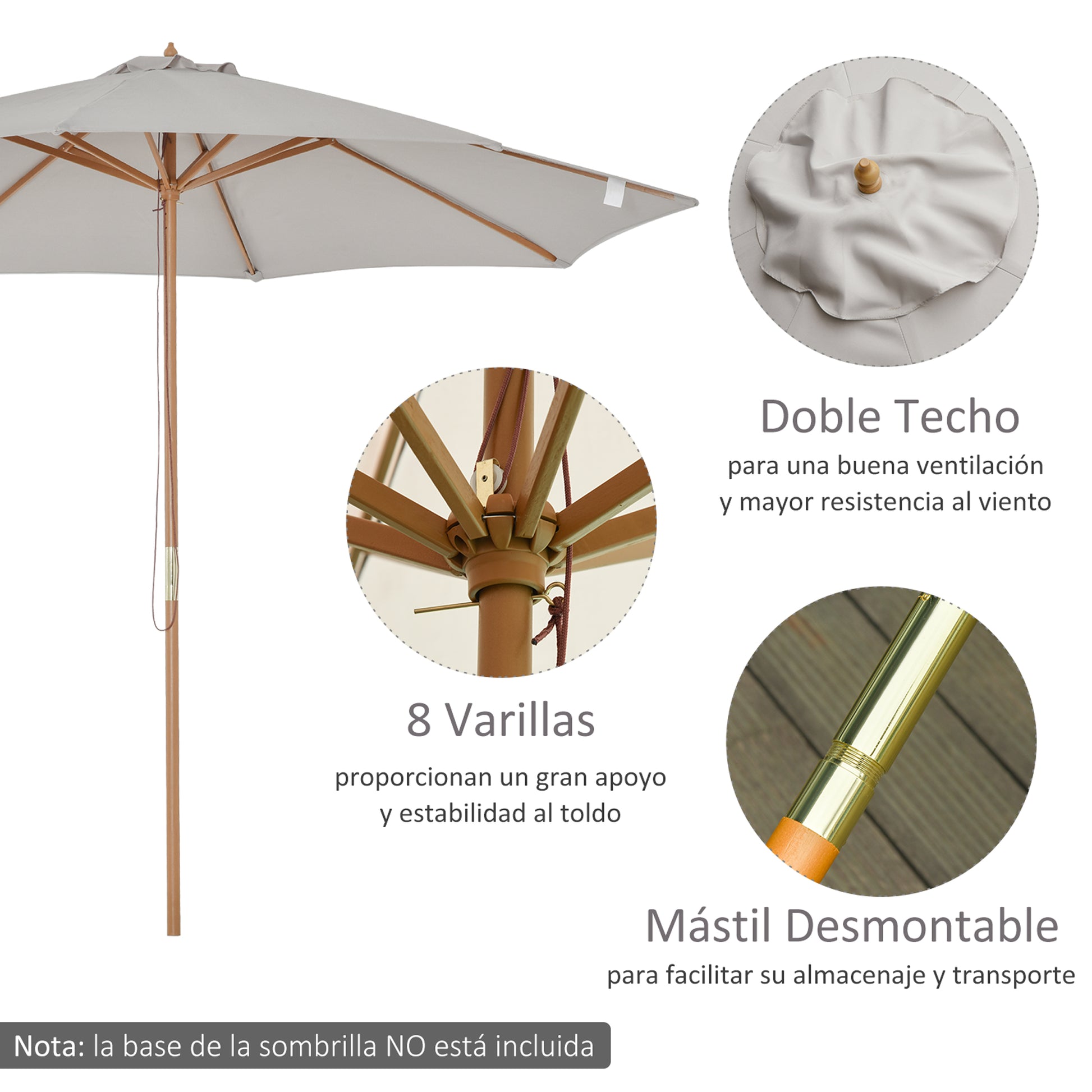 Outsunny Sombrilla Terraza Exterior Ø300 cm Sombrilla de Jardín con Sistema de Polea Techo Ventilado y Poste Desmontable de Madera Parasol para Patio Terraza Gris