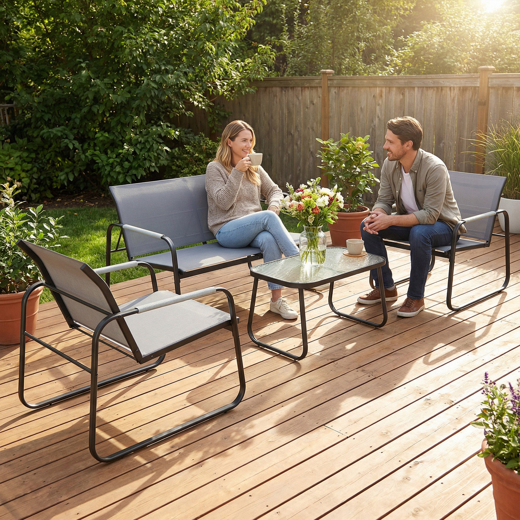Outsunny Conjunto de Jardín Exterior de 4 Piezas, Muebles Jardín Exterior con 1 Sofá de 2 Plazas, 2 Sillones y Mesa de Vidrio Templado, Estructura de Acero y Textilene Transpirable, Gris