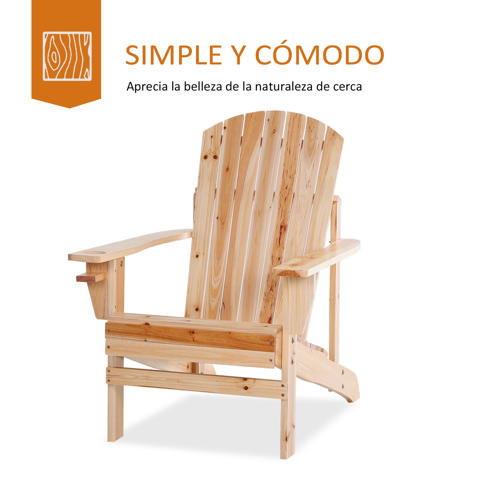 Outsunny Silla Adirondack de Madera Silla de Jardín con Reposabrazos y Respaldo Alto para Terraza Balcón Exterior 72,5x97x93 cm Natural