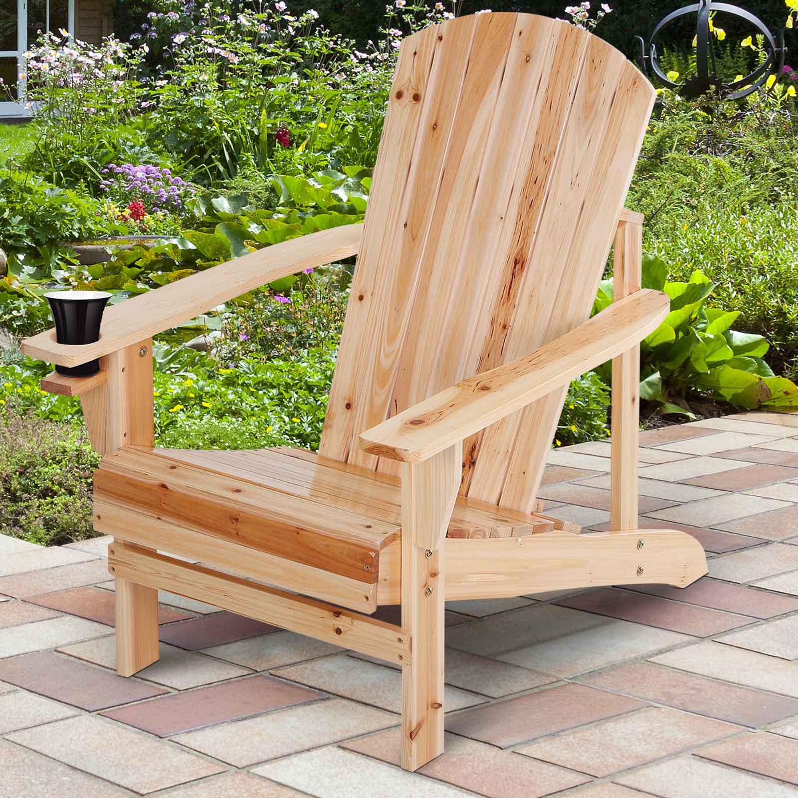 Outsunny Silla Adirondack de Madera Silla de Jardín con Reposabrazos y Respaldo Alto para Terraza Balcón Exterior 72,5x97x93 cm Natural