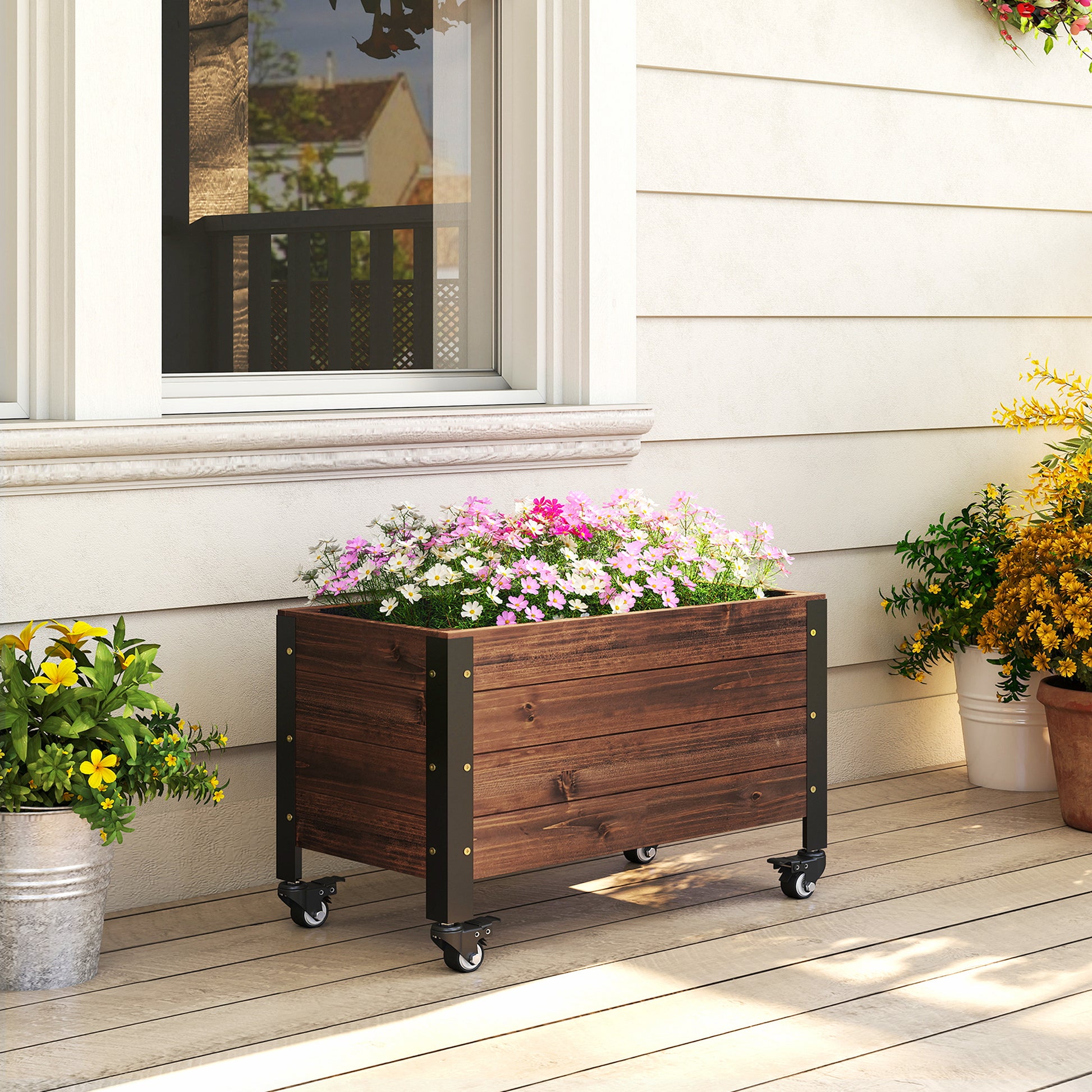 Outsunny Jardinera Exterior de Madera con Ruedas, Huerto Urbano Elevado con Orificio de Drenaje y Tela no Tejida, Macetero Exterior Rectangular para Jardín, Terraza, 60x30x41 cm, Marrón Oscuro