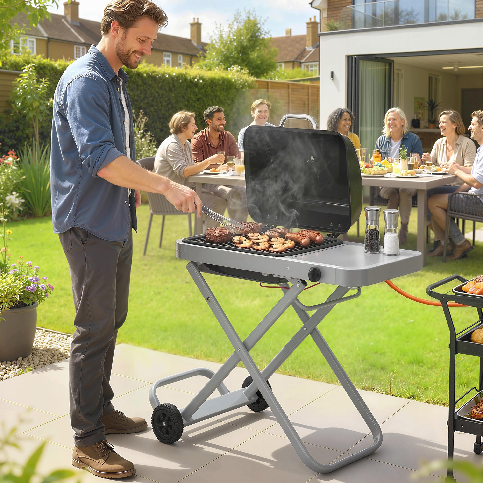 Outsunny Barbacoa de Gas Plegable, BBQ Gas con Quemador 2,5 kW, Barbacoa Portátil con Termómetro, Mesa Lateral, Parrilla de Hierro Fundido, Recogedor Grasa y 2 Ruedas para Jardín, Camping, Negro