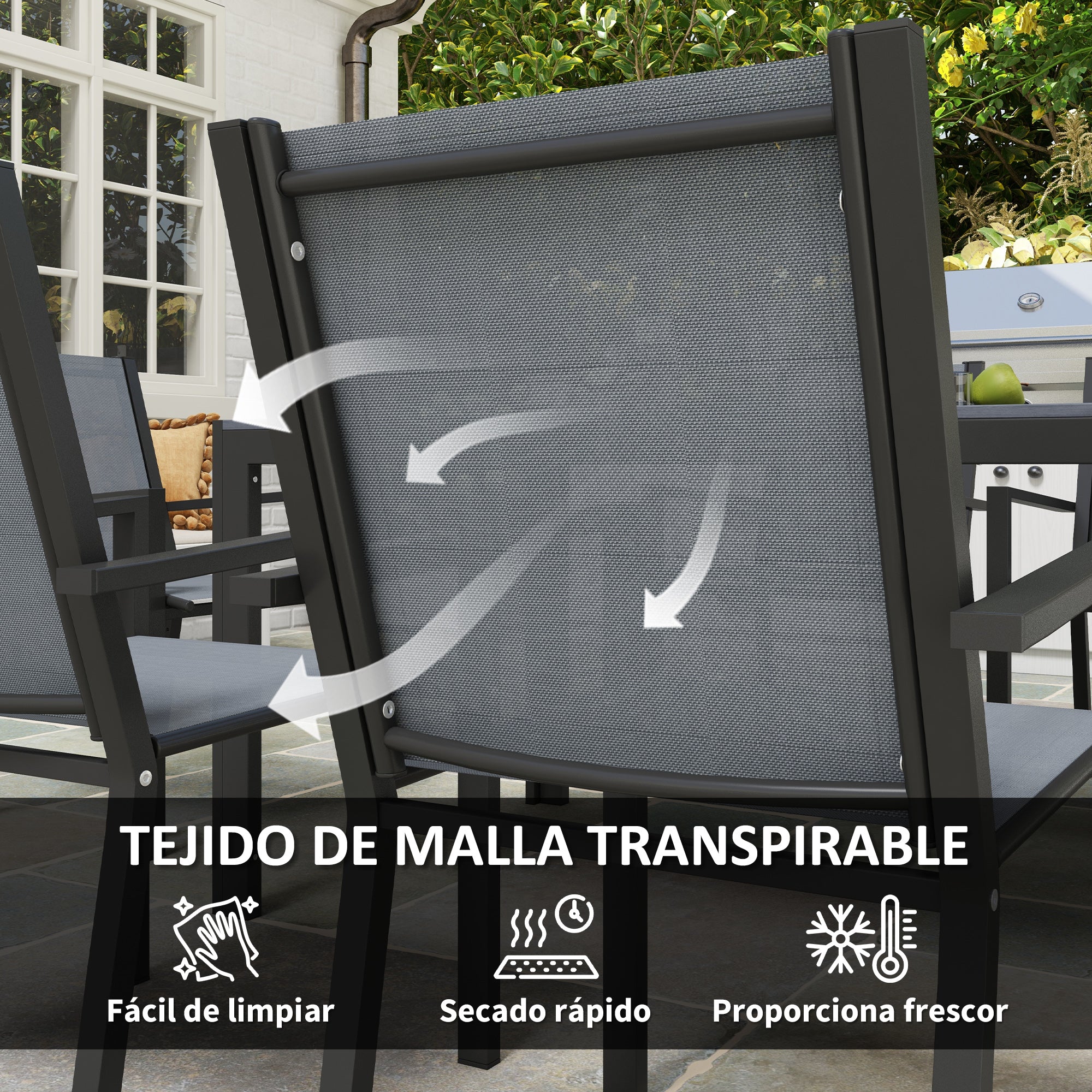 Outsunny Conjunto de Mesa y Sillas Jardín de 7 Piezas, Muebles de Jardín Exterior con 6 Sillas Apilables y Marco de Acero, para Terraza, Patio, Gris Claro