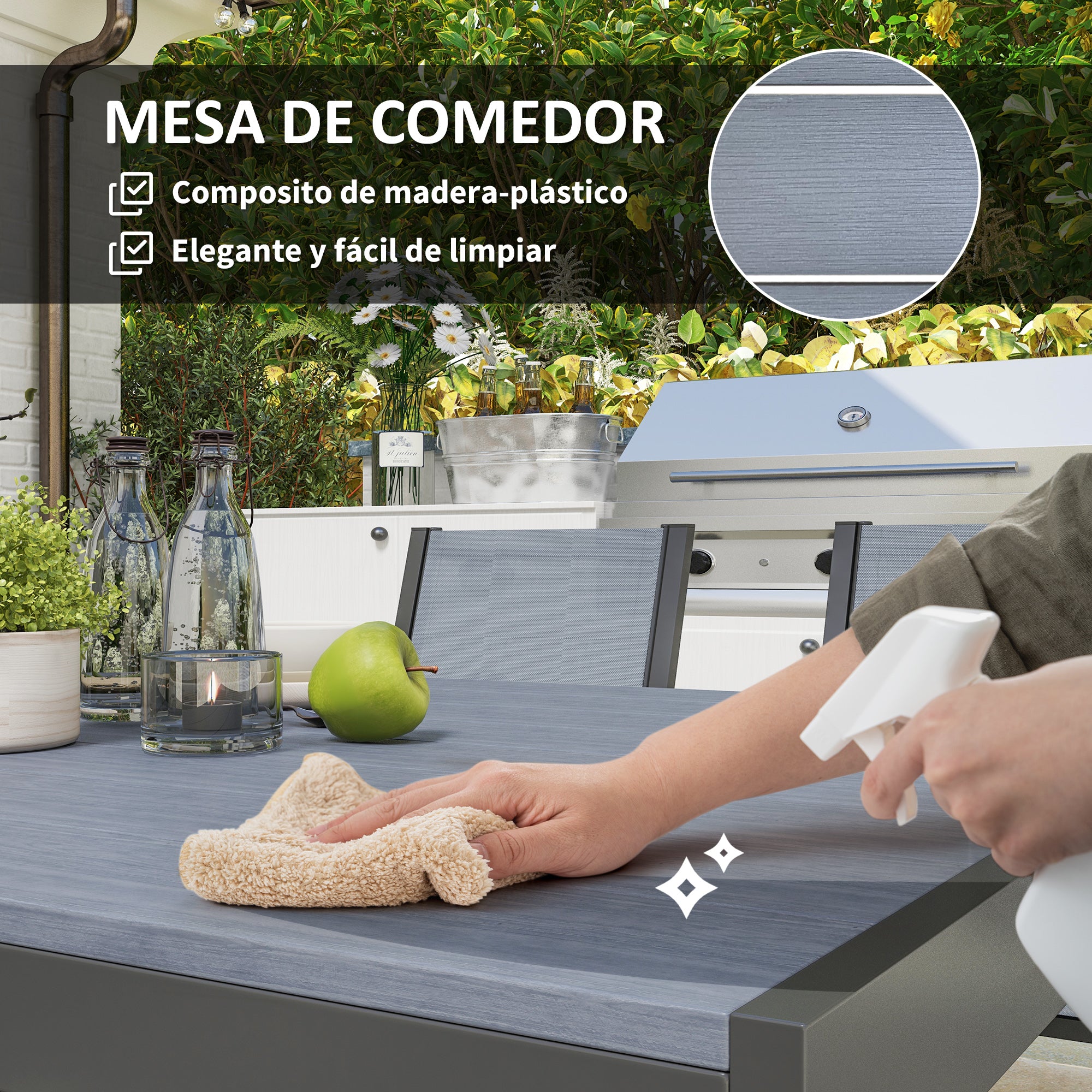 Outsunny Conjunto de Mesa y Sillas Jardín de 7 Piezas, Muebles de Jardín Exterior con 6 Sillas Apilables y Marco de Acero, para Terraza, Patio, Gris Claro