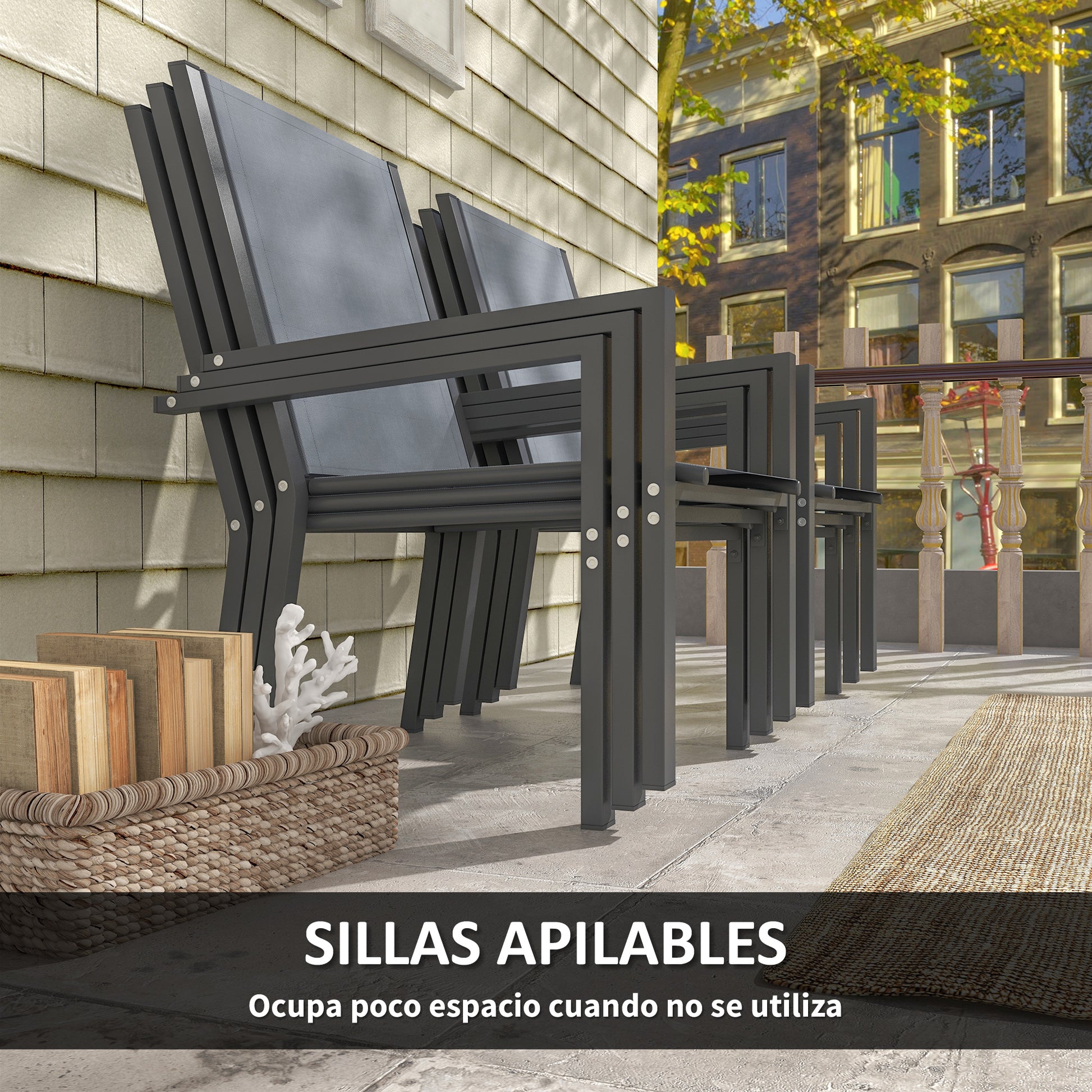 Outsunny Conjunto de Mesa y Sillas Jardín de 7 Piezas, Muebles de Jardín Exterior con 6 Sillas Apilables y Marco de Acero, para Terraza, Patio, Gris Claro
