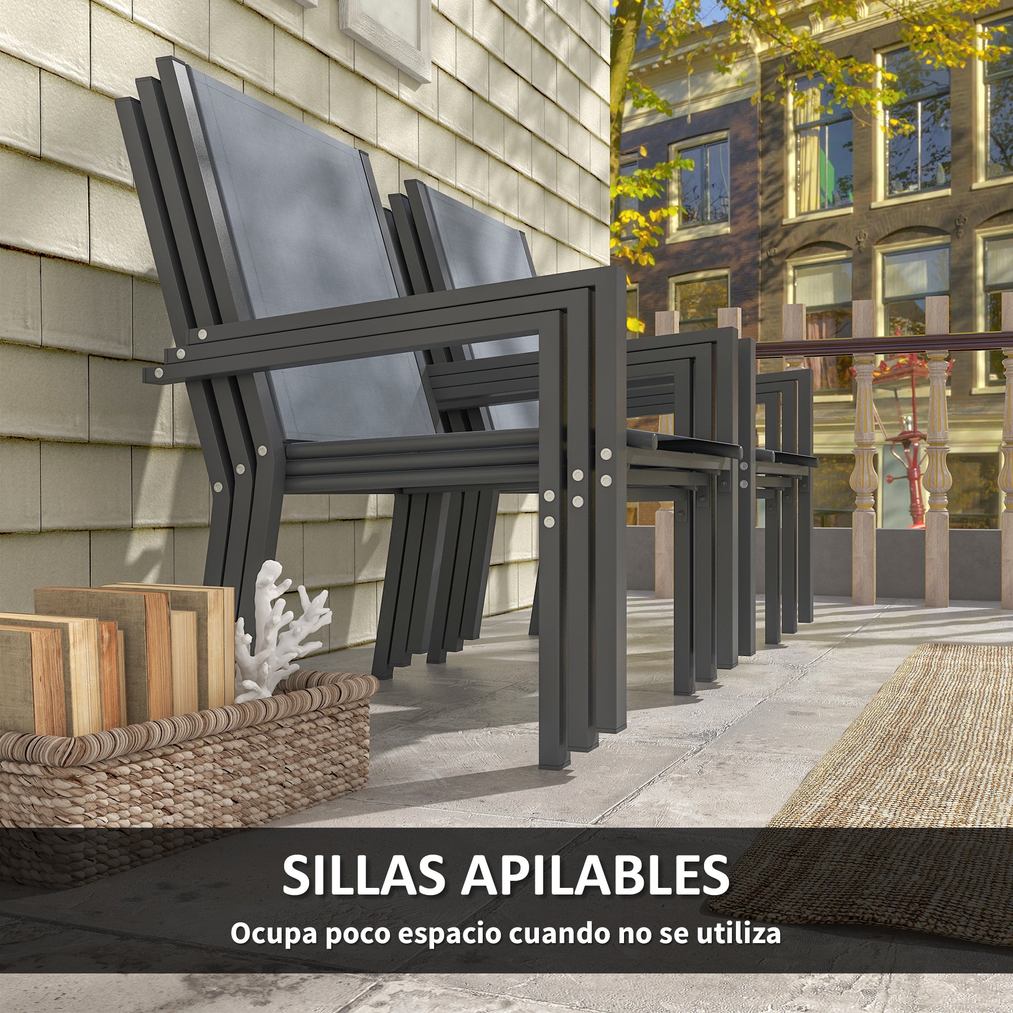 Outsunny Conjunto de Mesa y Sillas Jardín de 7 Piezas, Muebles de Jardín Exterior con 6 Sillas Apilables y Marco de Acero, para Terraza, Patio, Gris Claro