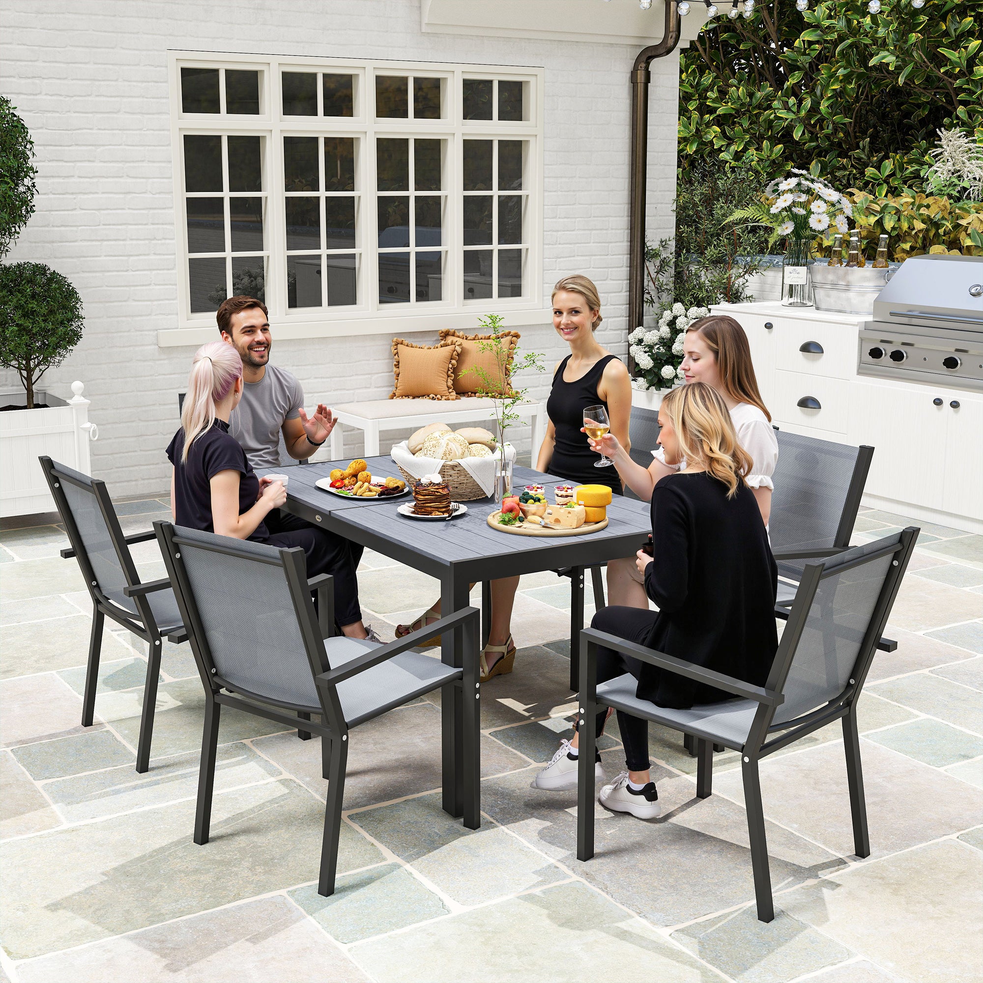 Outsunny Conjunto de Mesa y Sillas Jardín de 7 Piezas, Muebles de Jardín Exterior con 6 Sillas Apilables y Marco de Acero, para Terraza, Patio, Gris Claro