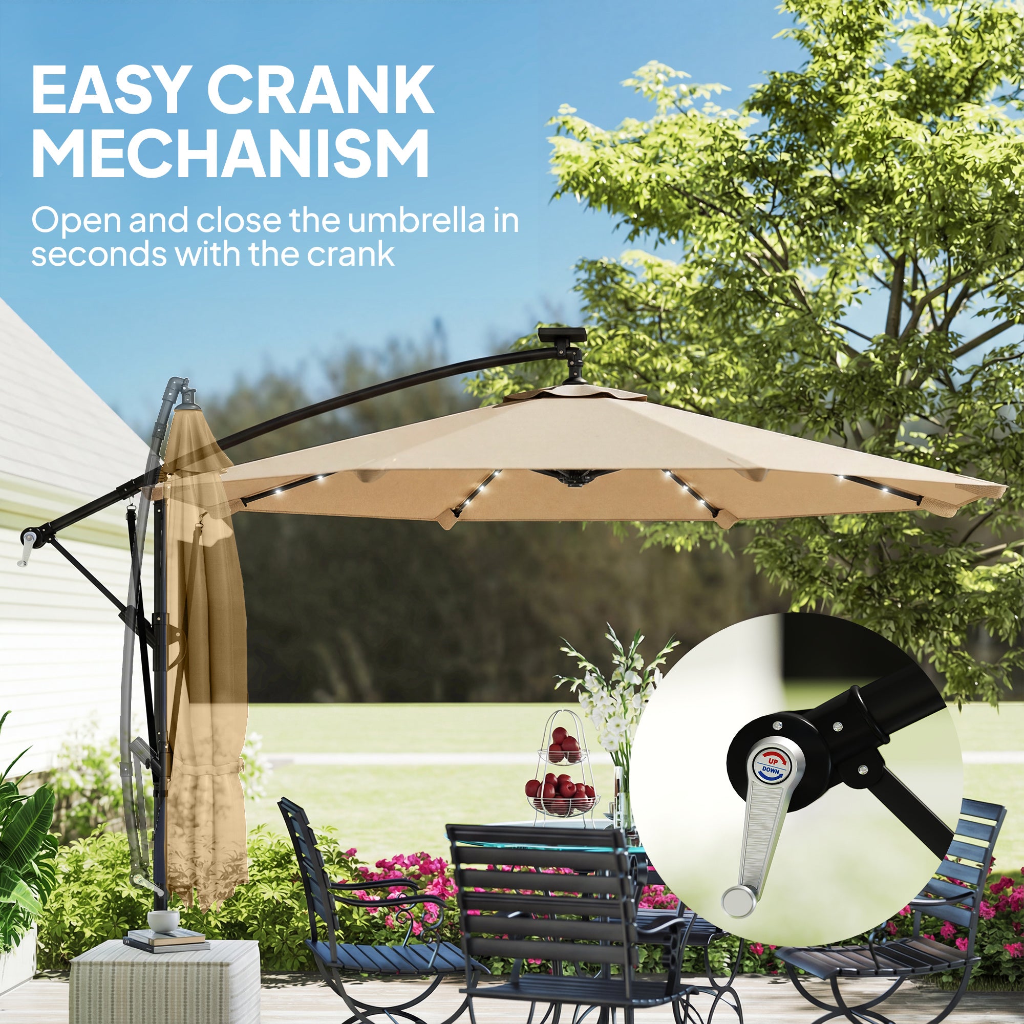 Outsunny Parasol Excéntrico con Luces LED Solares, Ø330 cm, Sombrilla de Jardín con Base Cruzada, Manivela, Funda Protectora y Cuerda de Viento, Anti-UV 50+, para Terraza, Patio, Caqui