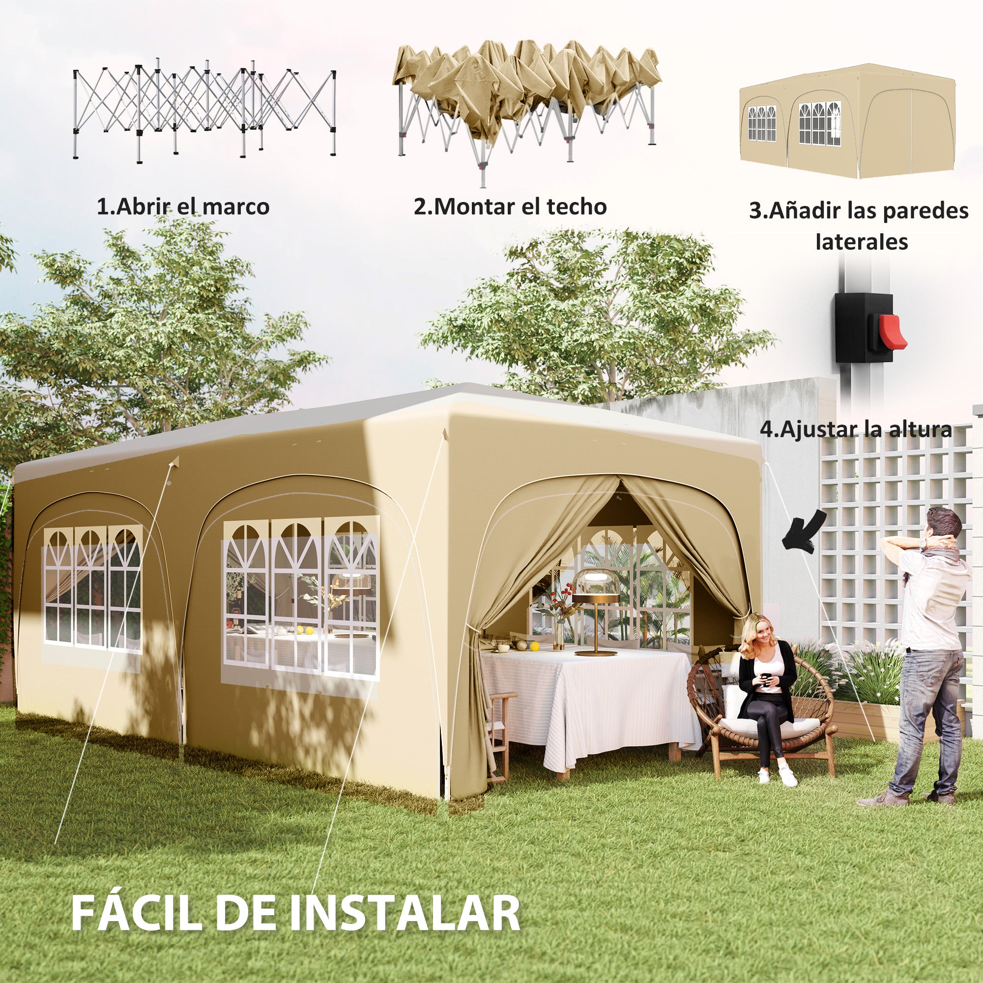 Outsunny Carpa Plegable Gazabo 3x6 m con Paneles Laterales UPF50+ Cenador Pabellón de Jardín con Altura Ajustable y Bolsa de Transporte para Camping Fiestas Patio Terraza Arena