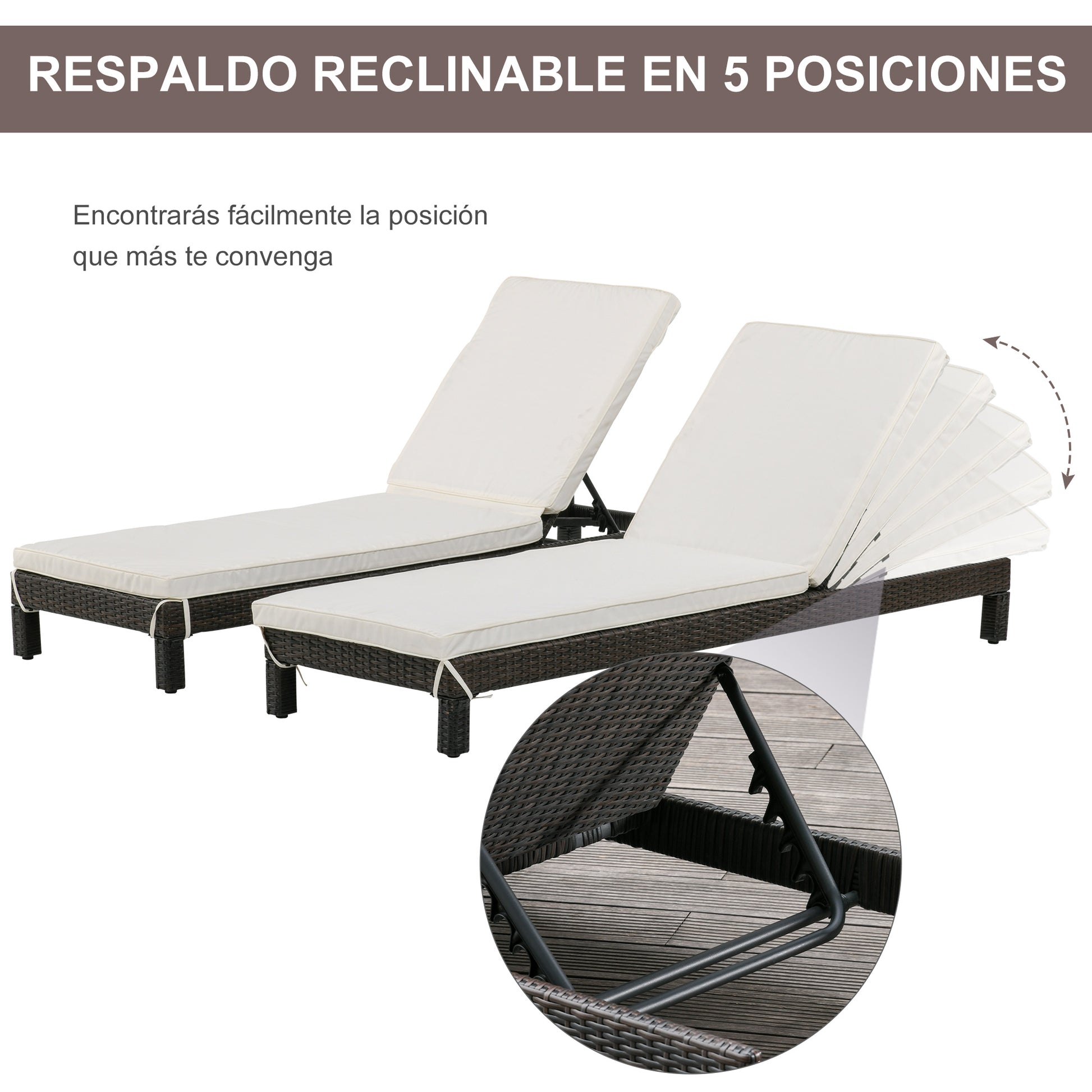 Outsunny Set de 2 Tumbonas de Ratán Chaise Longue con Cojines Acolchados Cubierta Impermeable Silla para Exterior Jardín Patio Terraza