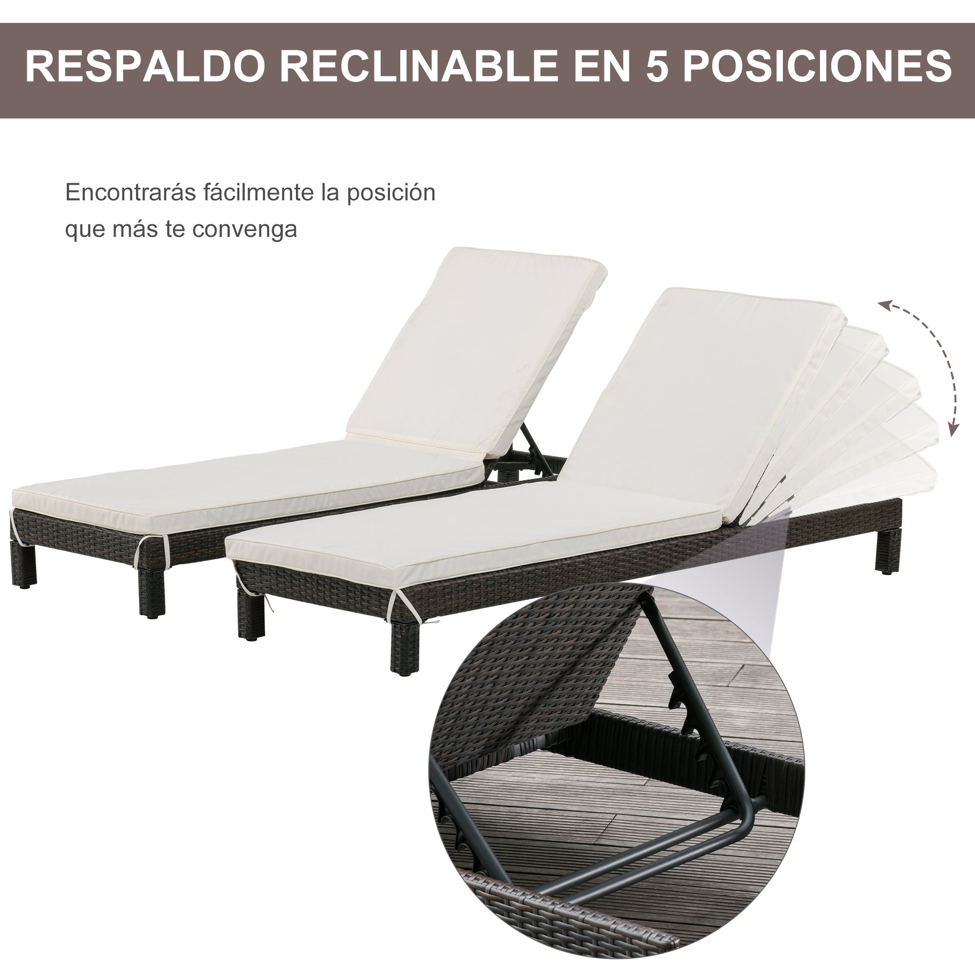 Outsunny Set de 2 Tumbonas de Ratán Chaise Longue con Cojines Acolchados Cubierta Impermeable Silla para Exterior Jardín Patio Terraza
