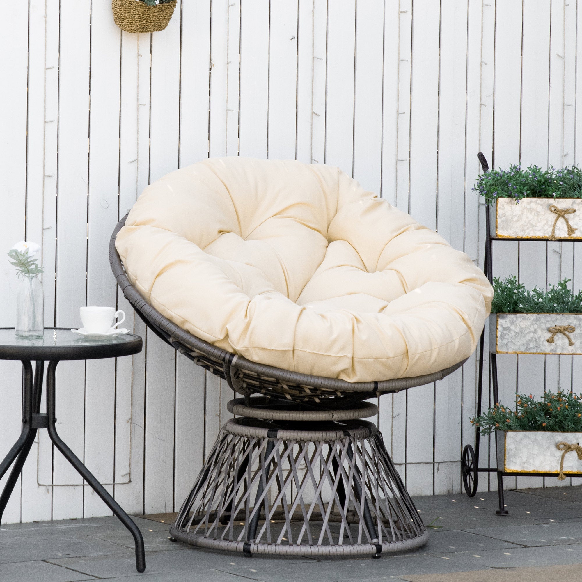 Outsunny Sillón Papasan Giratorio de Ratán Sintético Silla Ovalada de Mimbre PE con Cojín y Marco de Acero Carga 160 kg para Jardín Patio Terraza 87x97x90 cm Gris y Crema