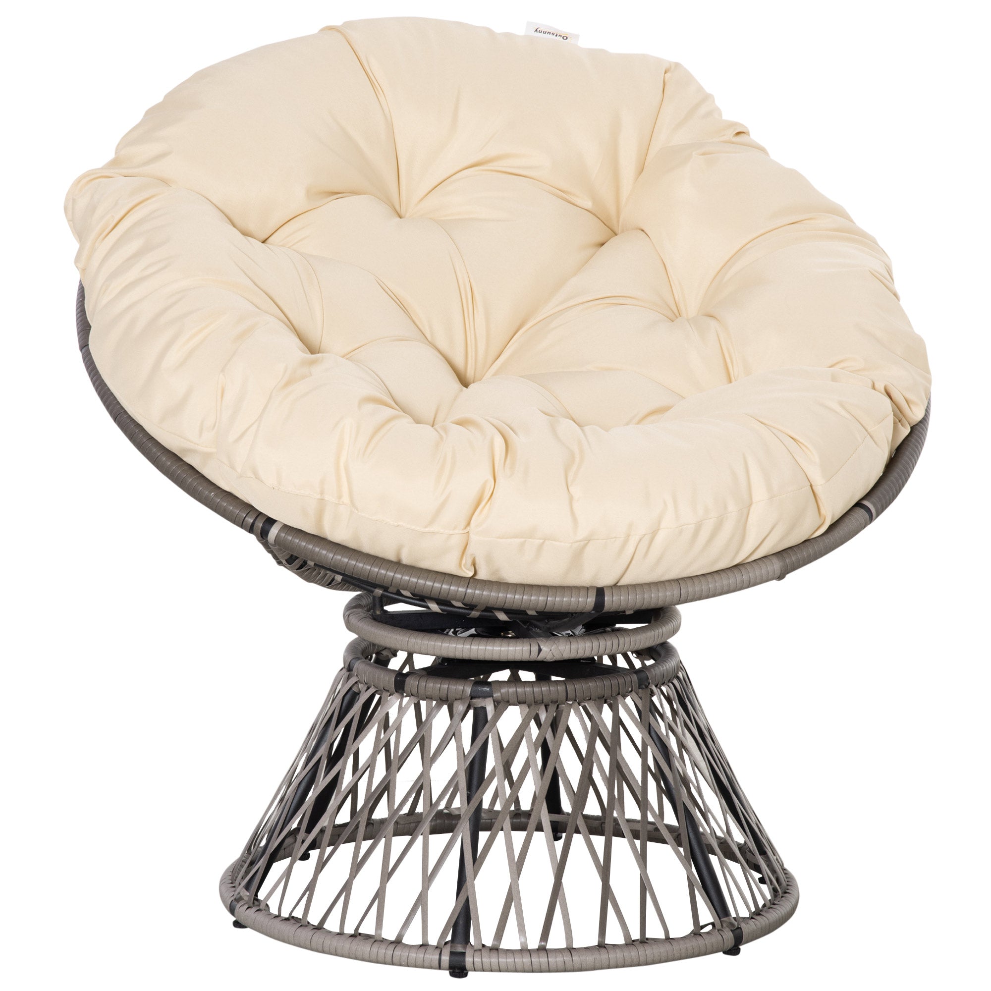 Outsunny Sillón Papasan Giratorio de Ratán Sintético Silla Ovalada de Mimbre PE con Cojín y Marco de Acero Carga 160 kg para Jardín Patio Terraza 87x97x90 cm Gris y Crema