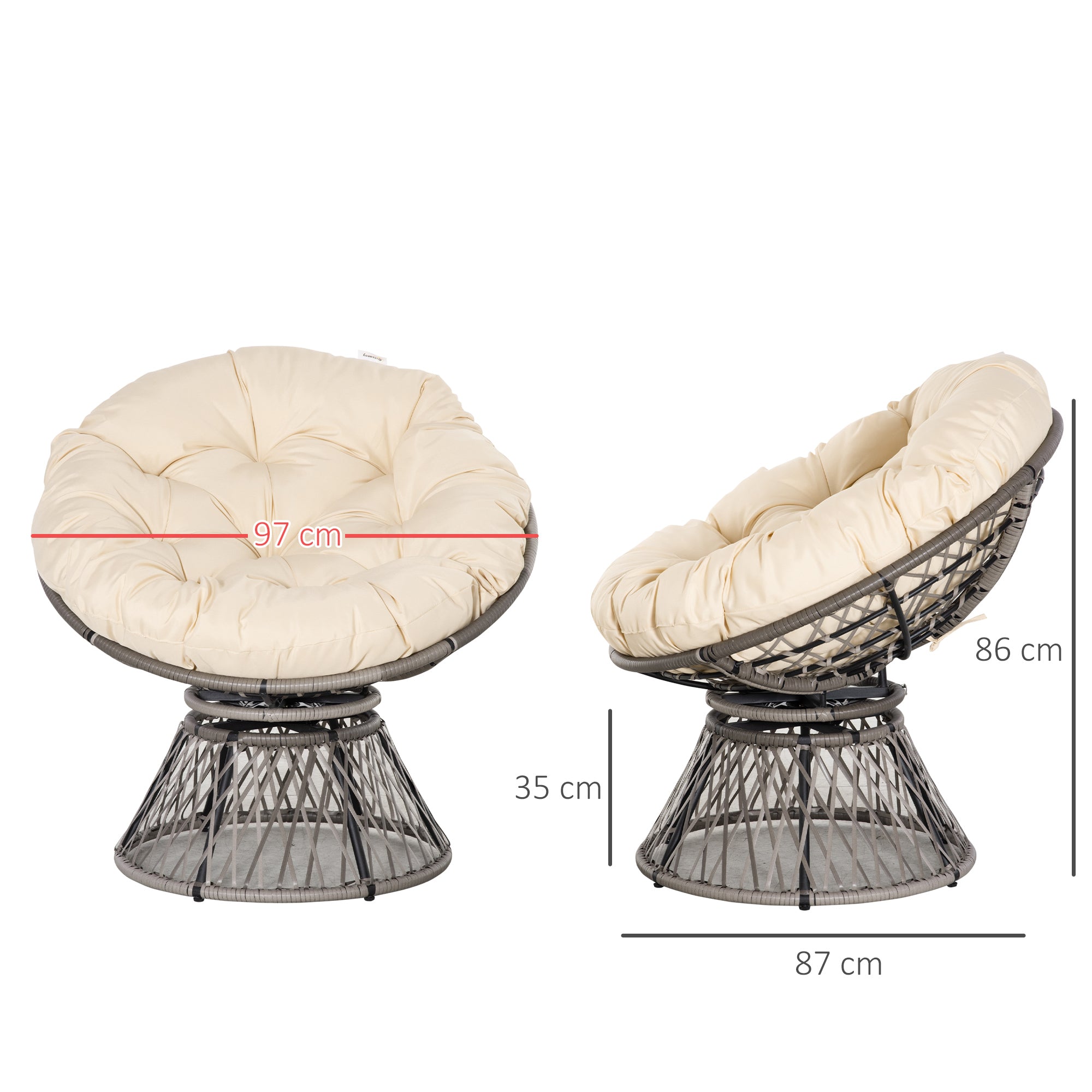 Outsunny Sillón Papasan Giratorio de Ratán Sintético Silla Ovalada de Mimbre PE con Cojín y Marco de Acero Carga 160 kg para Jardín Patio Terraza 87x97x90 cm Gris y Crema