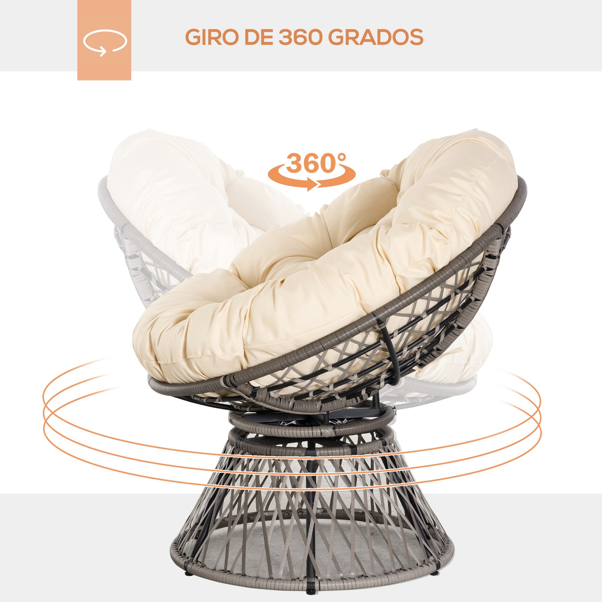 Outsunny Sillón Papasan Giratorio de Ratán Sintético Silla Ovalada de Mimbre PE con Cojín y Marco de Acero Carga 160 kg para Jardín Patio Terraza 87x97x90 cm Gris y Crema