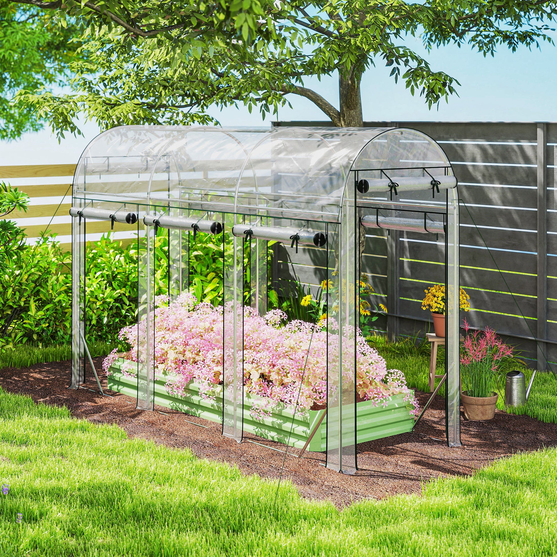 Outsunny Invernadero de Exterior 3x1x2 m, Invernadero de Túnel con 8 Puertas Enrollables, Cubierta de Plástico y Marco de Acero Galvanizado, Anti-UV, Impermeable, para Cultivos, Transparente