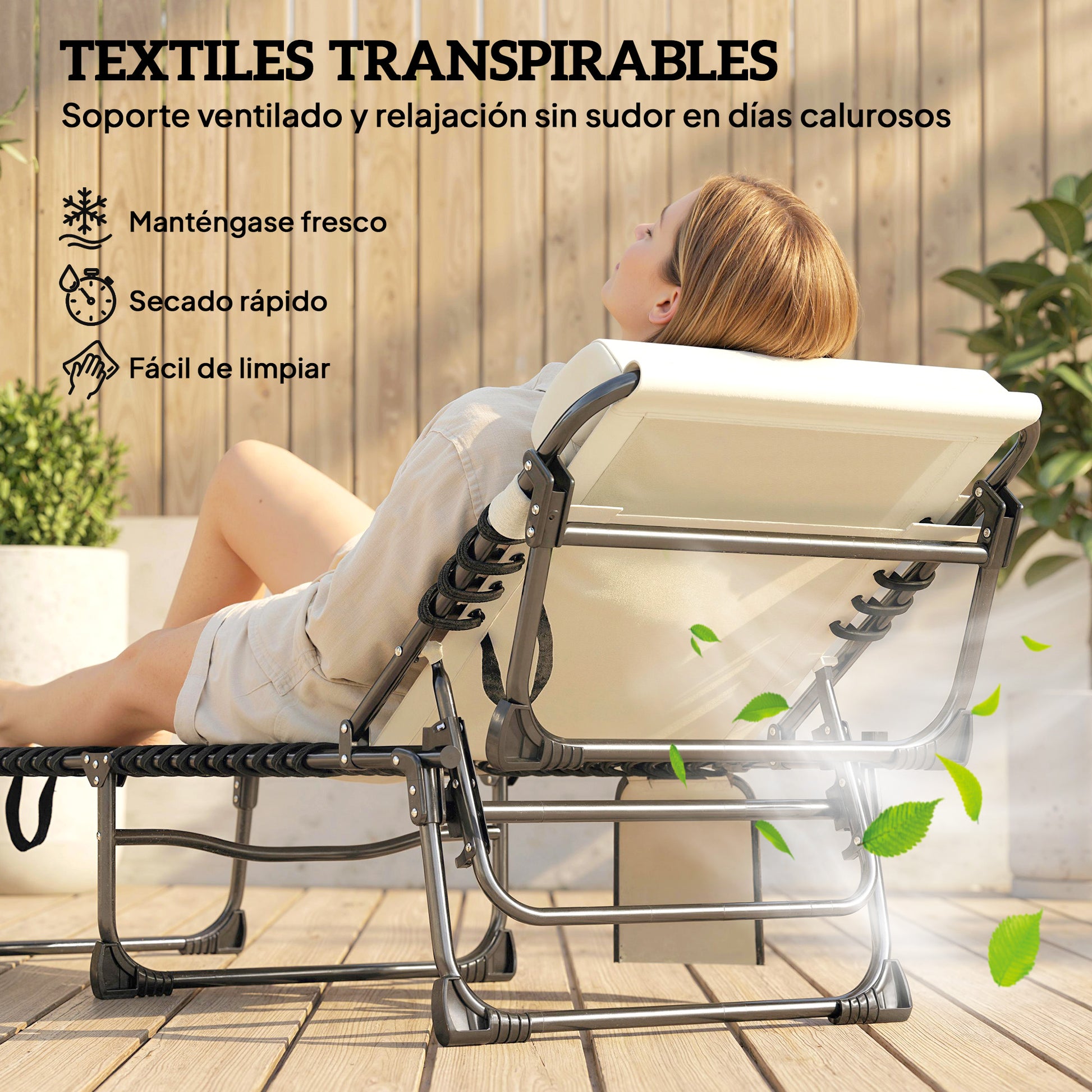 Outsunny Set de 2 Tumbonas Jardín Exterior, Tumbonas Plegables con Reposacabezas y Bolsillo Lateral, Respaldo Reclinable 5 Posiciones y Asiento de Malla Transpirable para Playa, Piscina, Blanco Crema