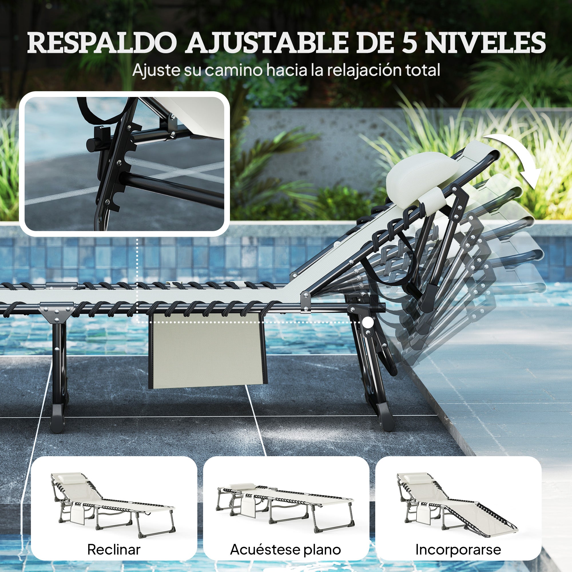 Outsunny Set de 2 Tumbonas Jardín Exterior, Tumbonas Plegables con Reposacabezas y Bolsillo Lateral, Respaldo Reclinable 5 Posiciones y Asiento de Malla Transpirable para Playa, Piscina, Blanco Crema