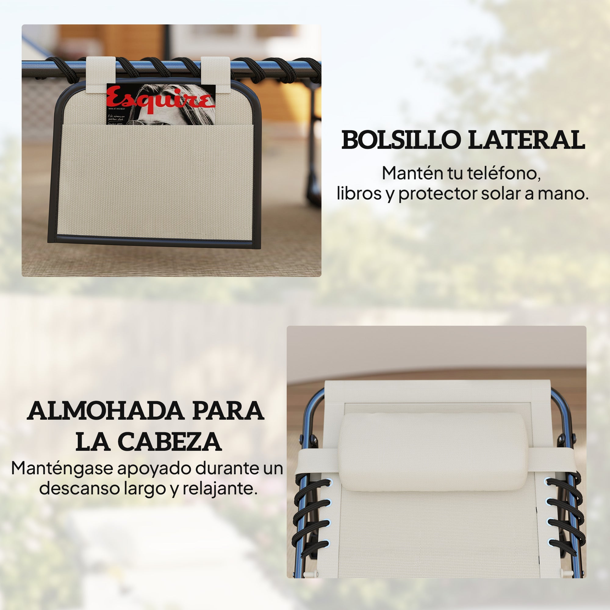 Outsunny Set de 2 Tumbonas Jardín Exterior, Tumbonas Plegables con Reposacabezas y Bolsillo Lateral, Respaldo Reclinable 5 Posiciones y Asiento de Malla Transpirable para Playa, Piscina, Blanco Crema