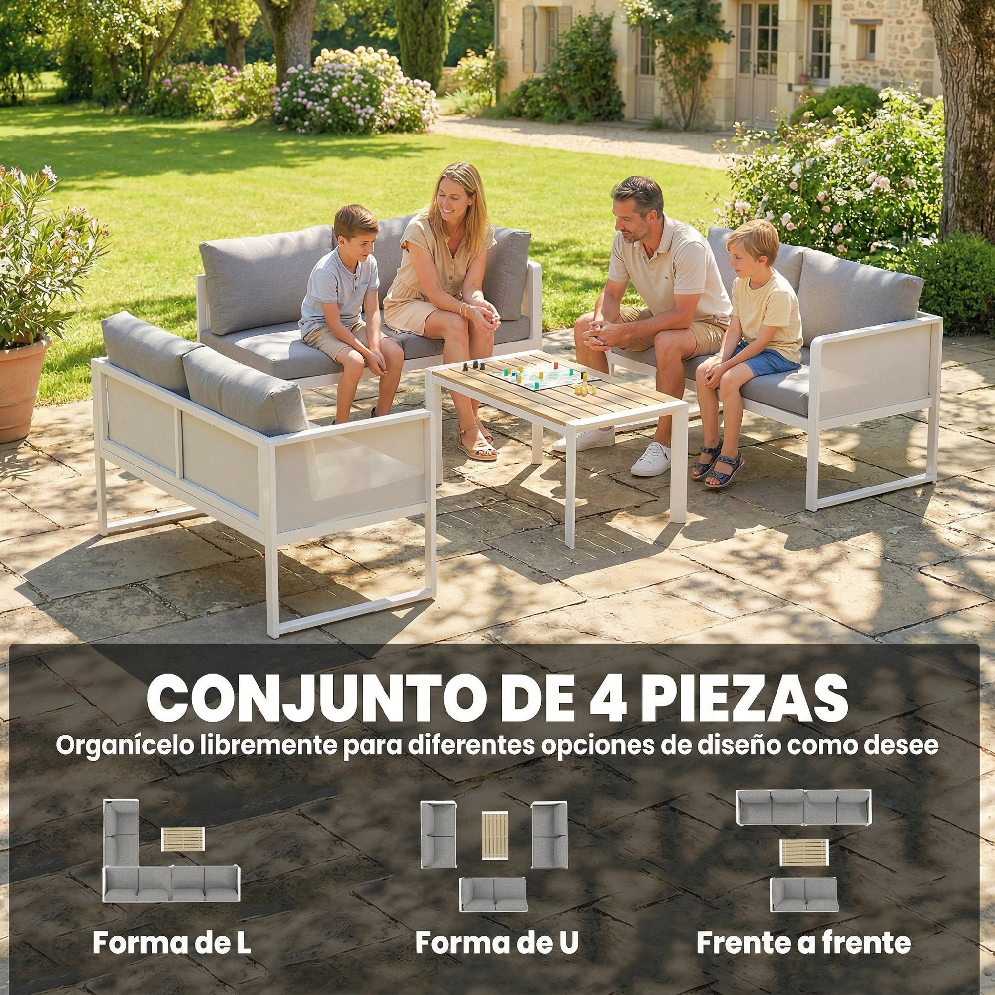 Outsunny Conjunto de Muebles Jardín Exterior de 4 Piezas Sofá Exterior Seccional Forma de L con 3 Sofás de 2 Plazas Asiento de Textilene Mesa con Tablero Efecto Madera WPC Cojines Gris Claro y Blanco